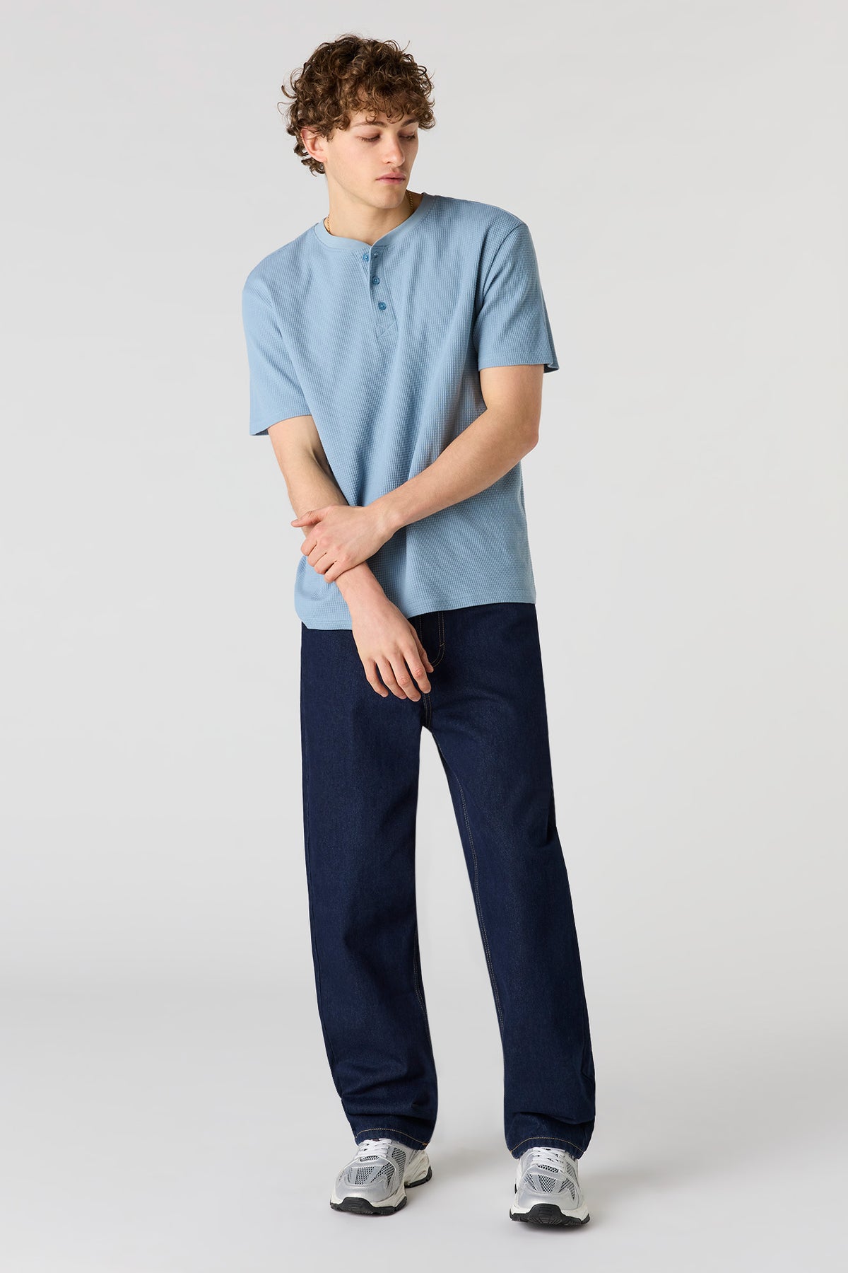 Alt View 3. Waffle Knit Henley T-Shirt - Blue