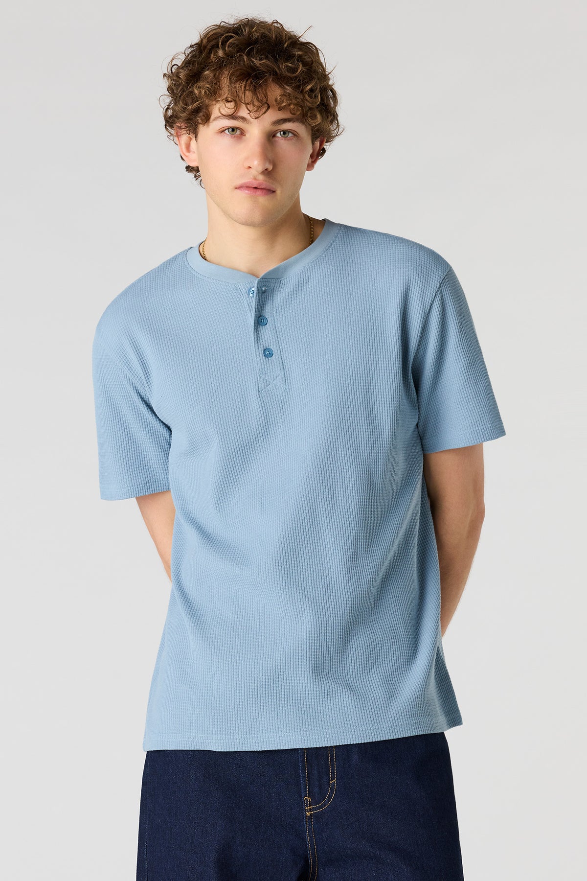 Waffle Knit Henley T-Shirt - Blue