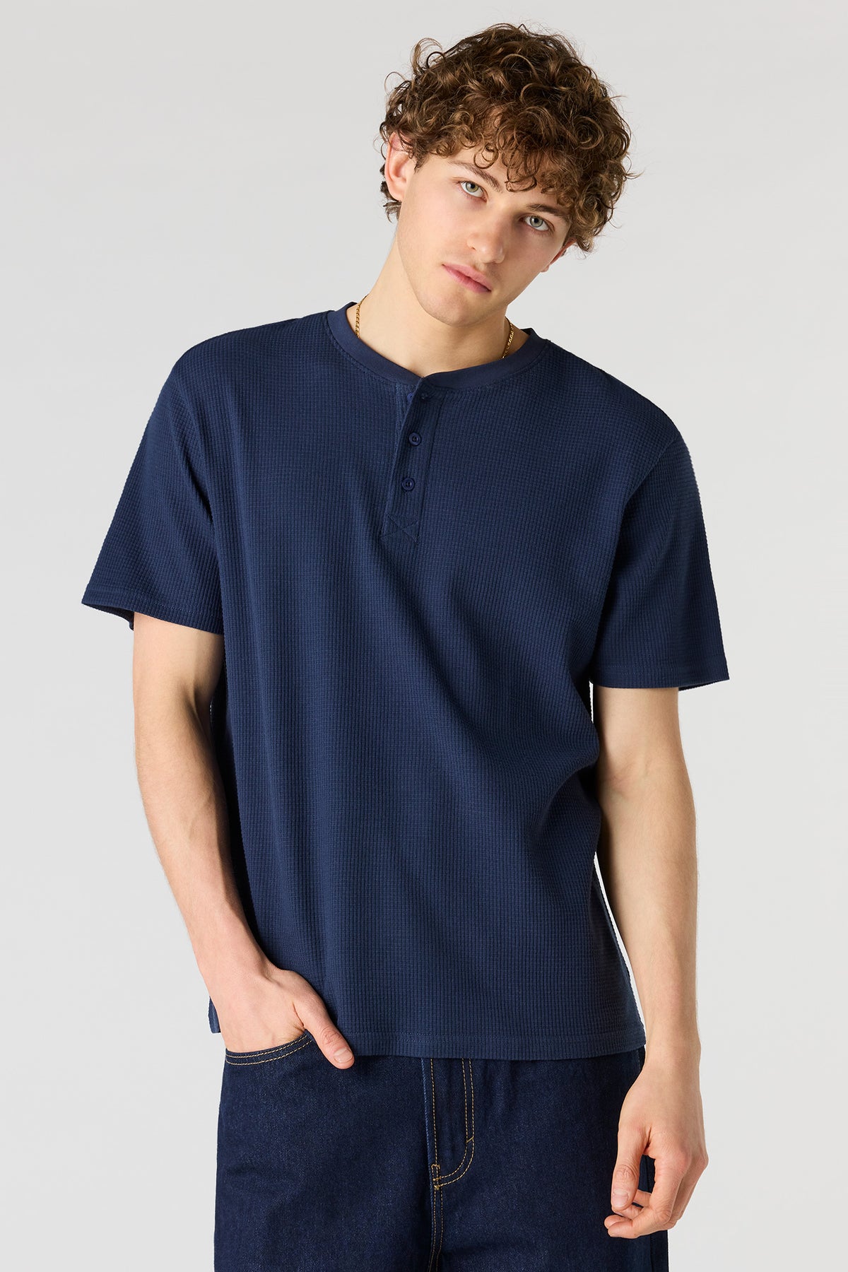 Waffle Knit Henley T-Shirt - Navy