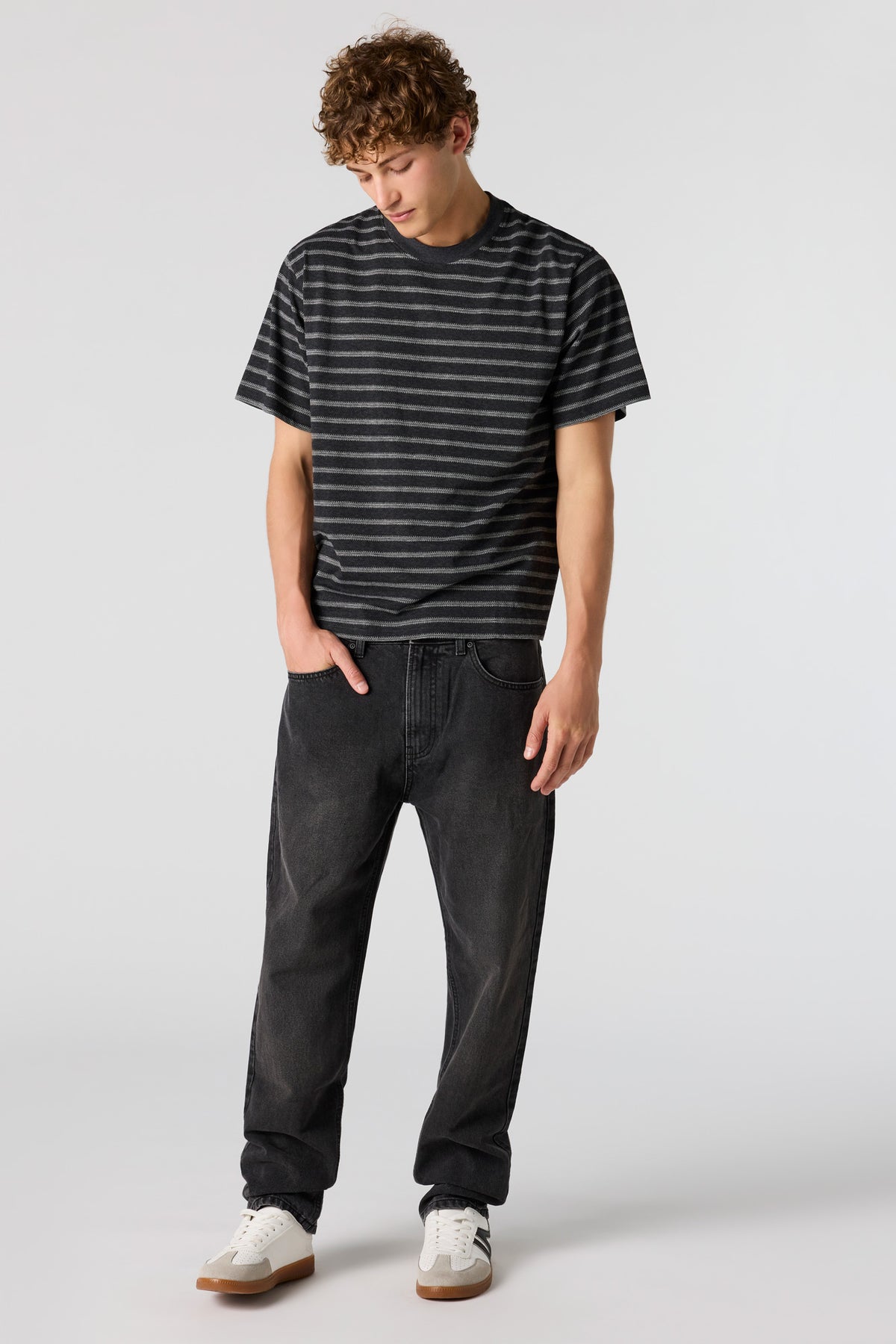 Alt View 3. Premium Heavyweight Cotton Jacquard Striped T-Shirt - Charcoal