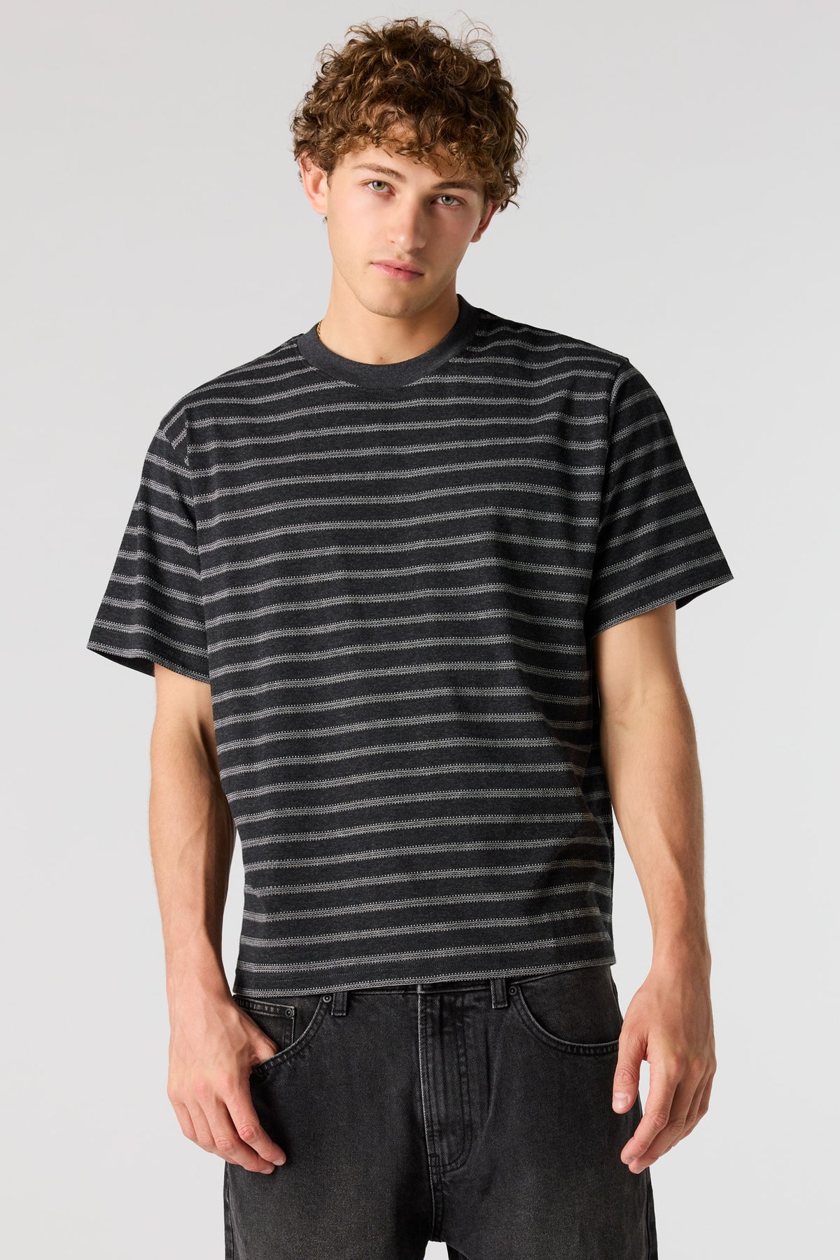 Premium Heavyweight Cotton Jacquard Striped T-Shirt - Charcoal