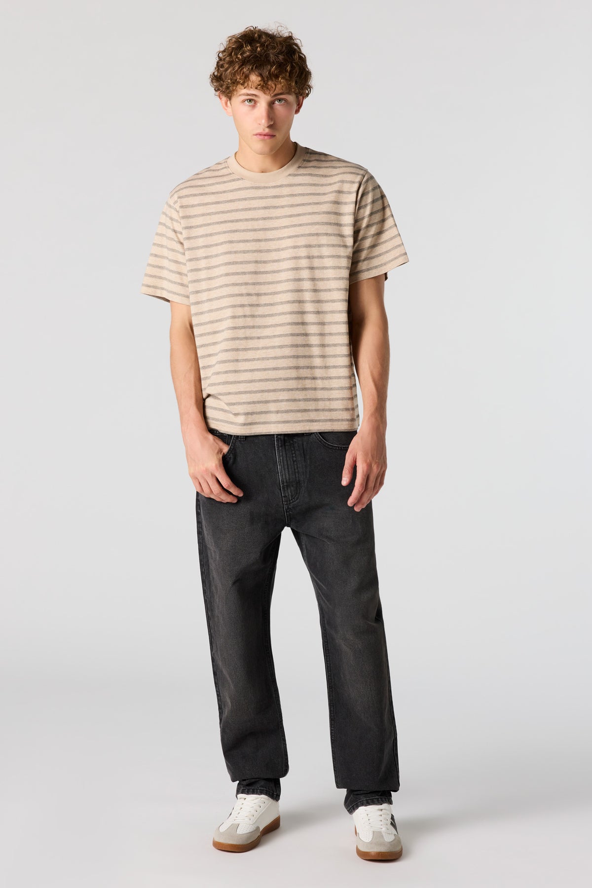 Alt View 3. Premium Heavyweight Cotton Jacquard Striped T-Shirt - Light Brown