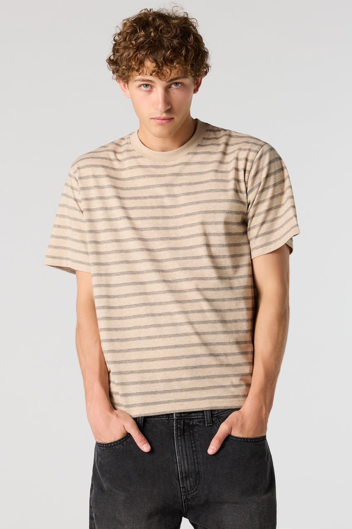 Premium Heavyweight Cotton Jacquard Striped T-Shirt - Light Brown