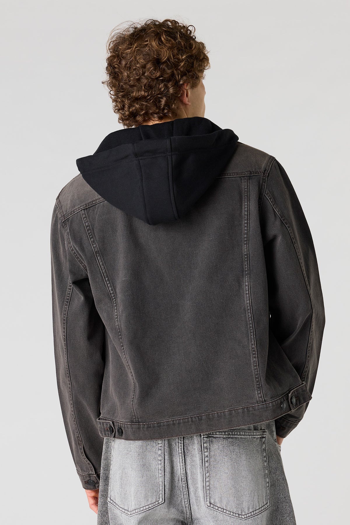 Alt View 2. Denim Jacket with Fleece Hood - Black