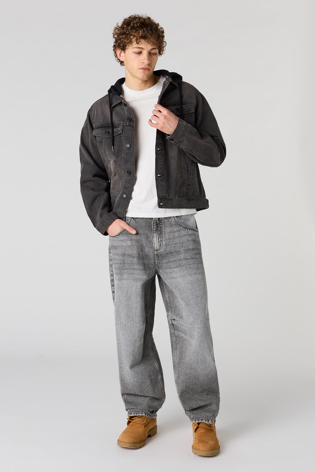 Alt View 3. Denim Jacket with Fleece Hood - Black