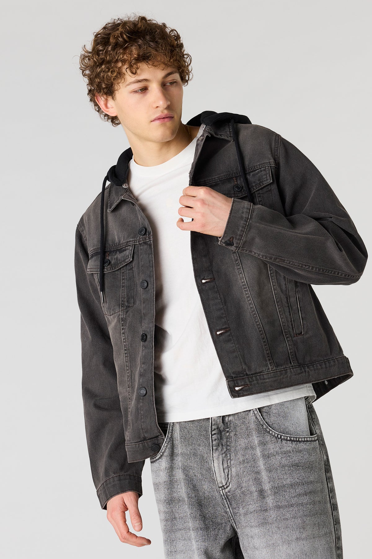 Denim Jacket with Fleece Hood - Black