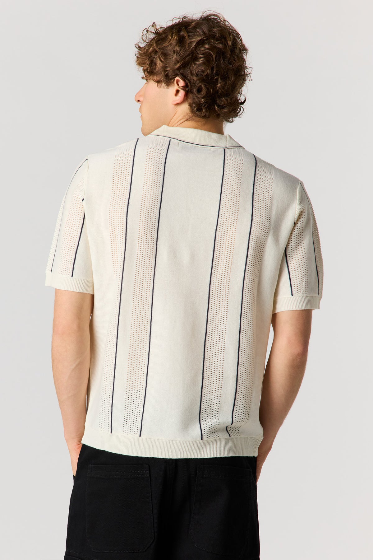 Alt View 2. Textured Striped Polo Top - Off White