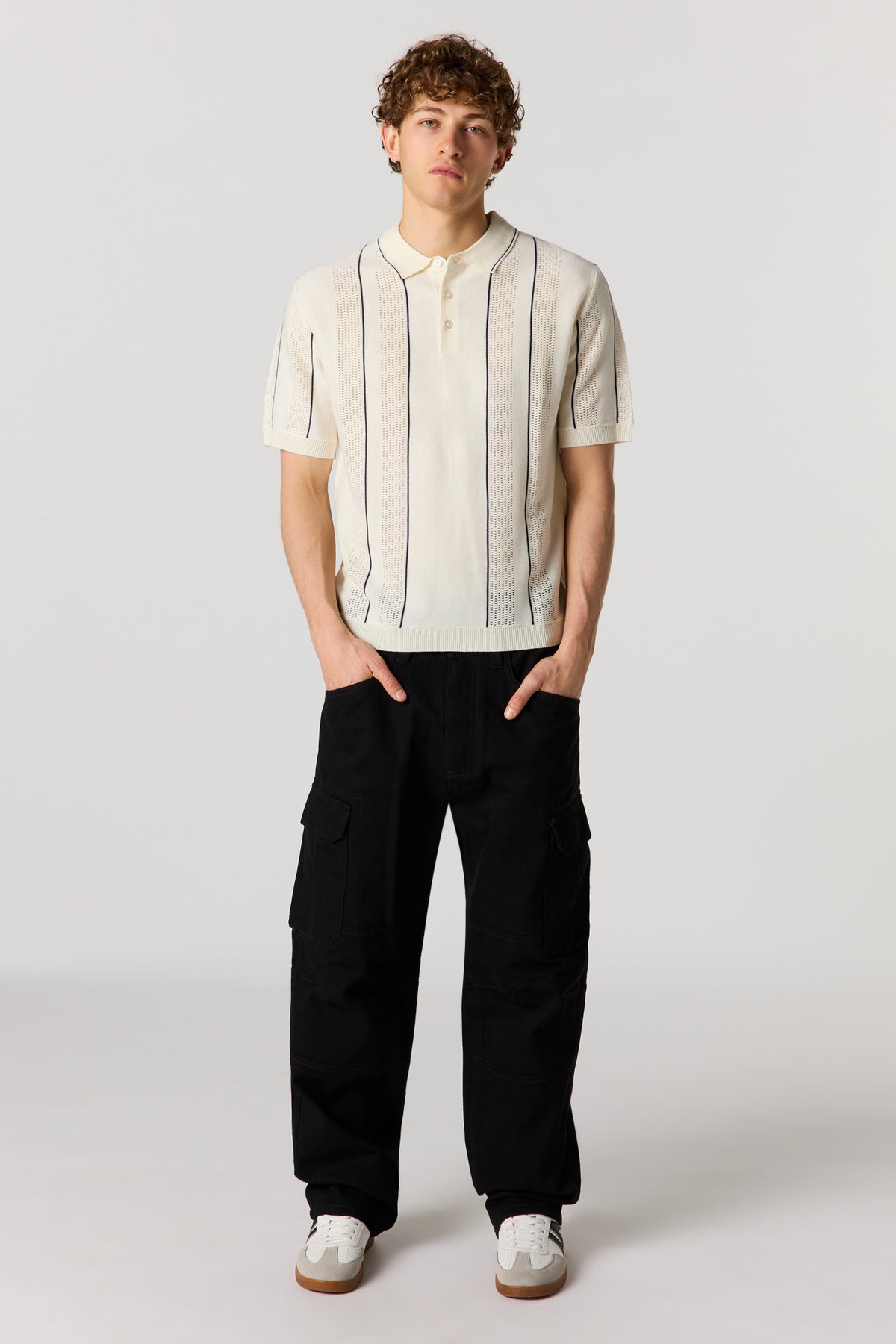 Alt View 3. Textured Striped Polo Top - Off White
