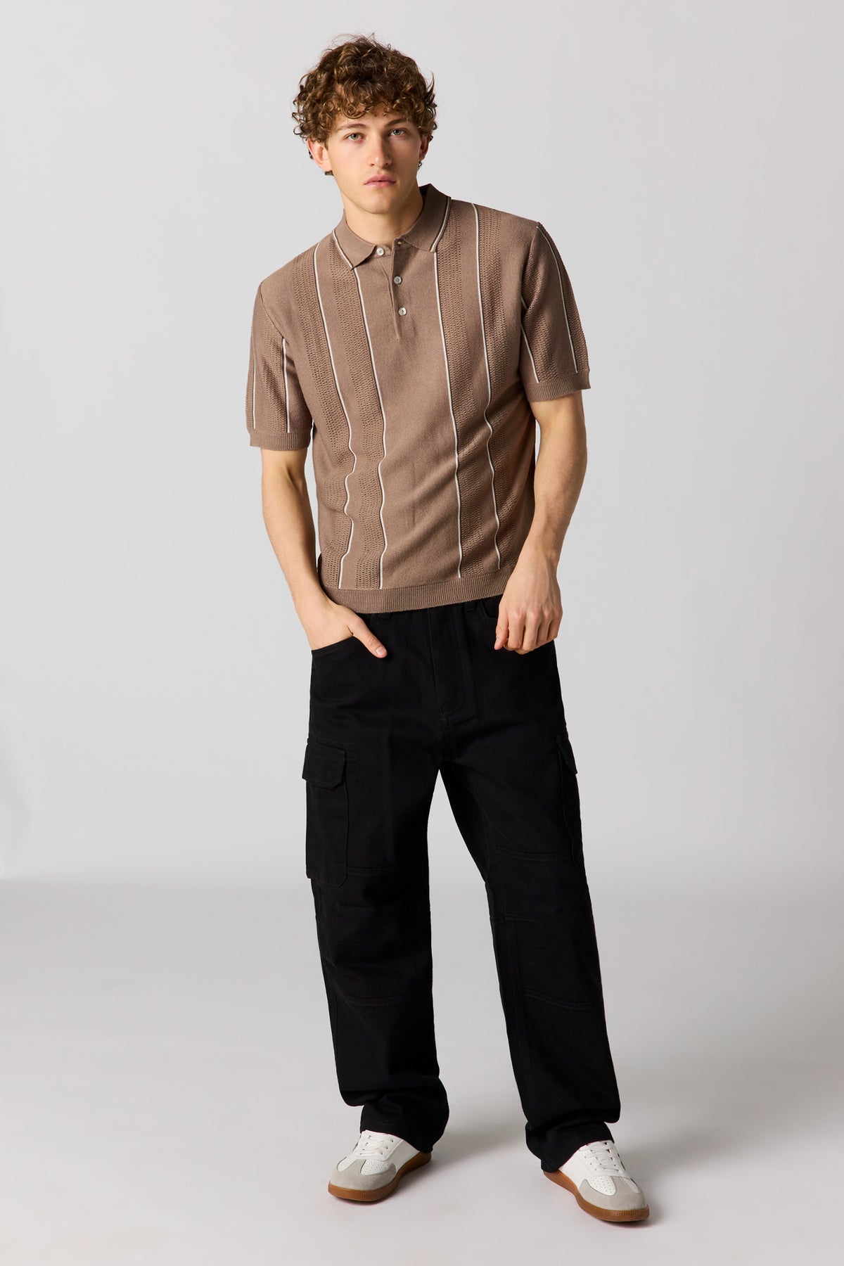 Alt View 3. Textured Striped Polo Top - Taupe