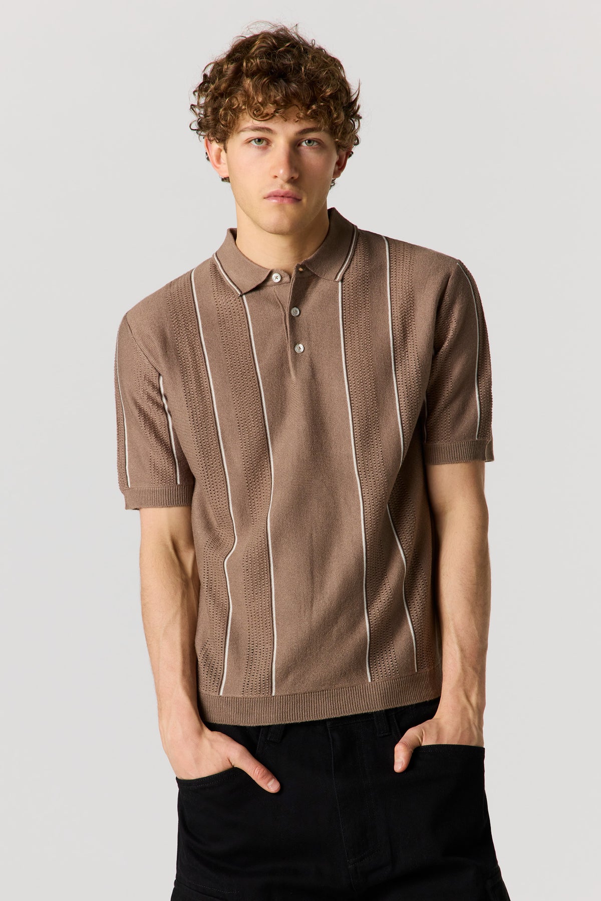 Textured Striped Polo Top - Taupe