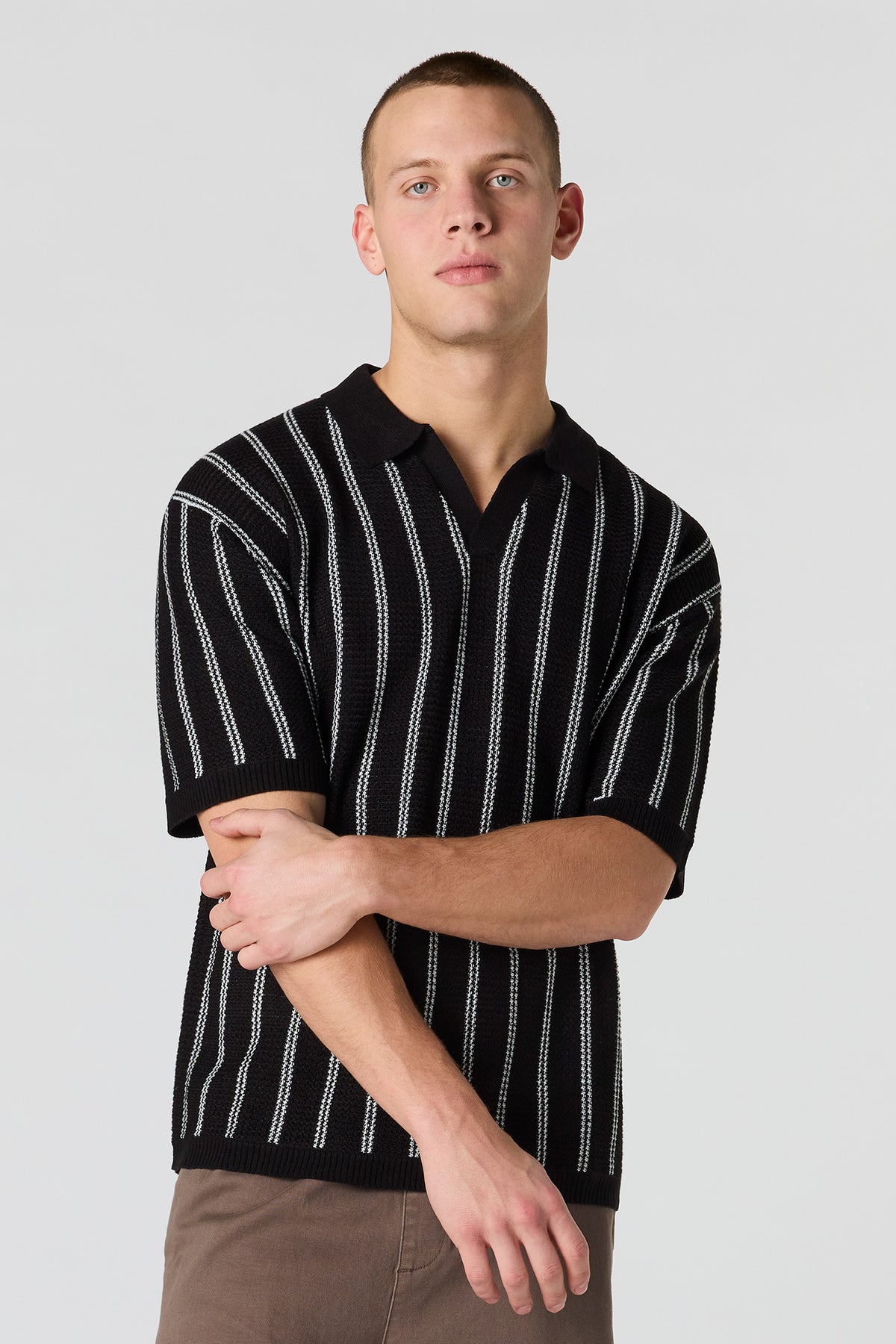 Textured Knit Johnny Collar Polo - Taupe