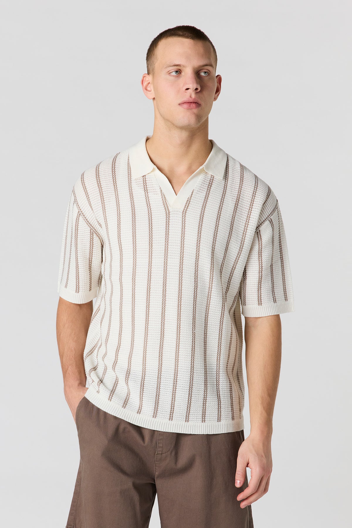 Alt View 7. Textured Knit Johnny Collar Polo - Taupe