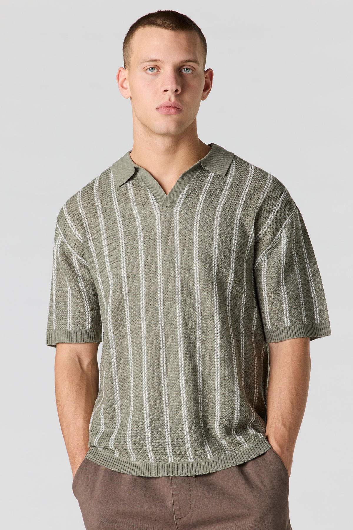 Textured Knit Johnny Collar Polo - Sage