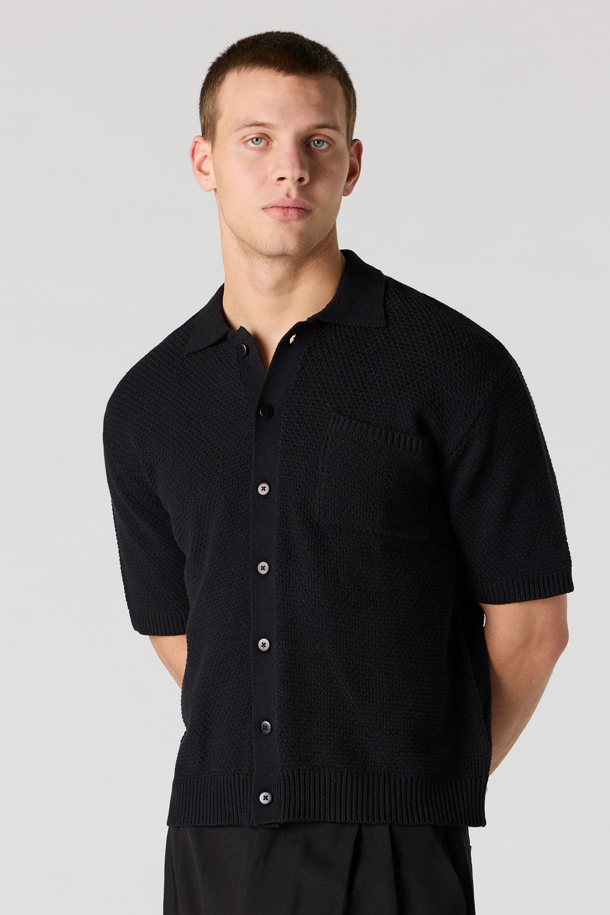 Crochet Boxy Button-Up Top - Black