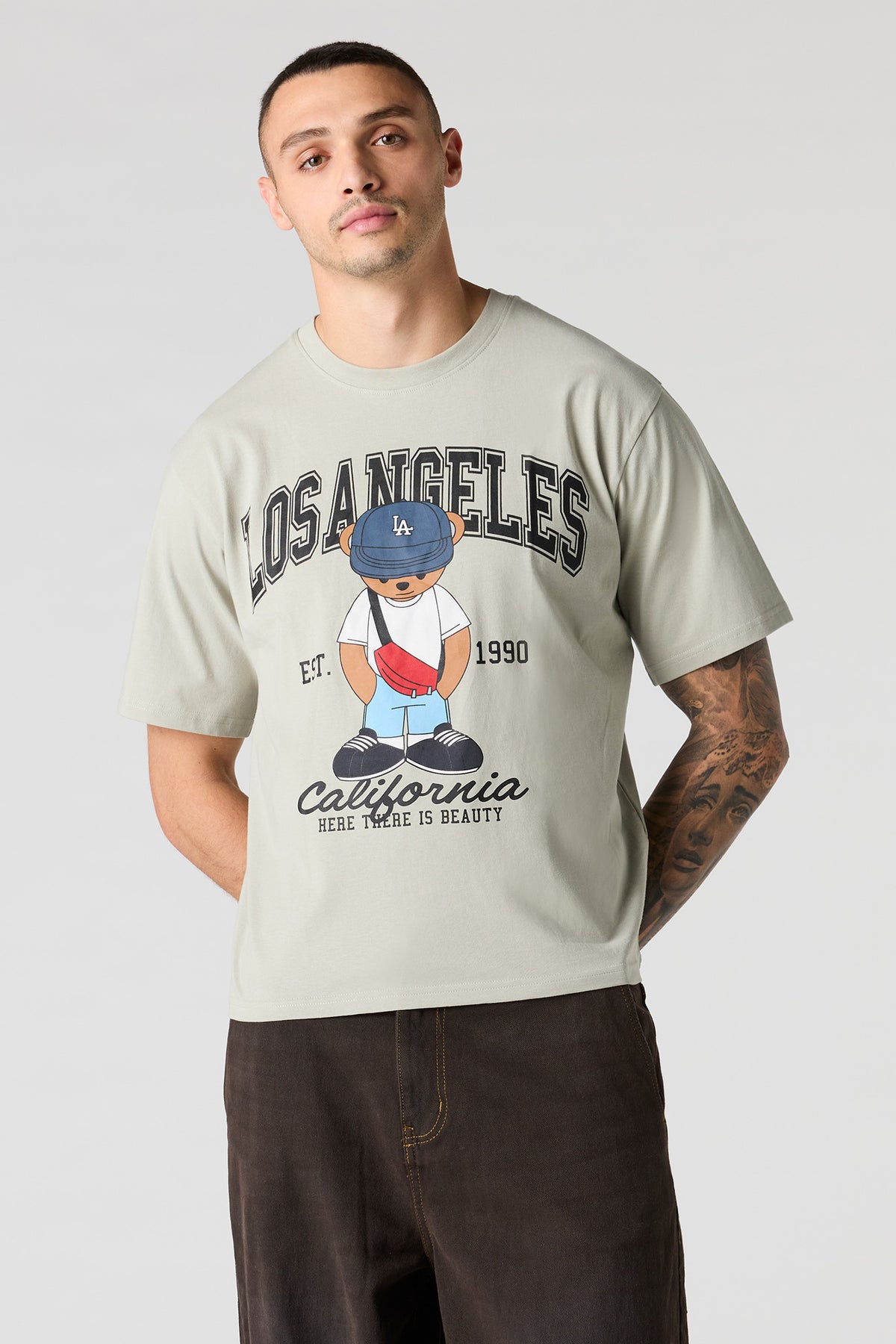 LA Bear Puff Print Boxy T-Shirt - Sage