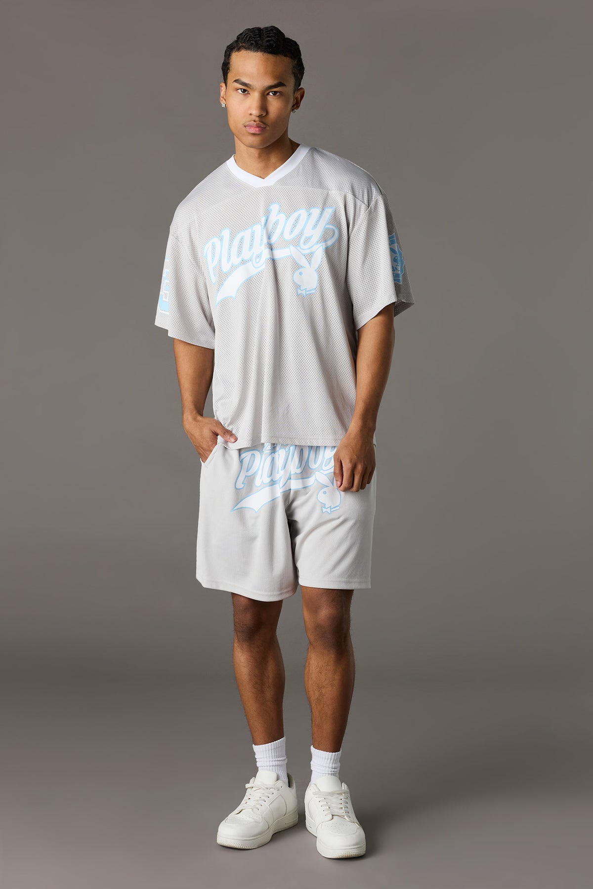 Alt View 3. Playboy Graphic Mesh Jersey - Light Grey