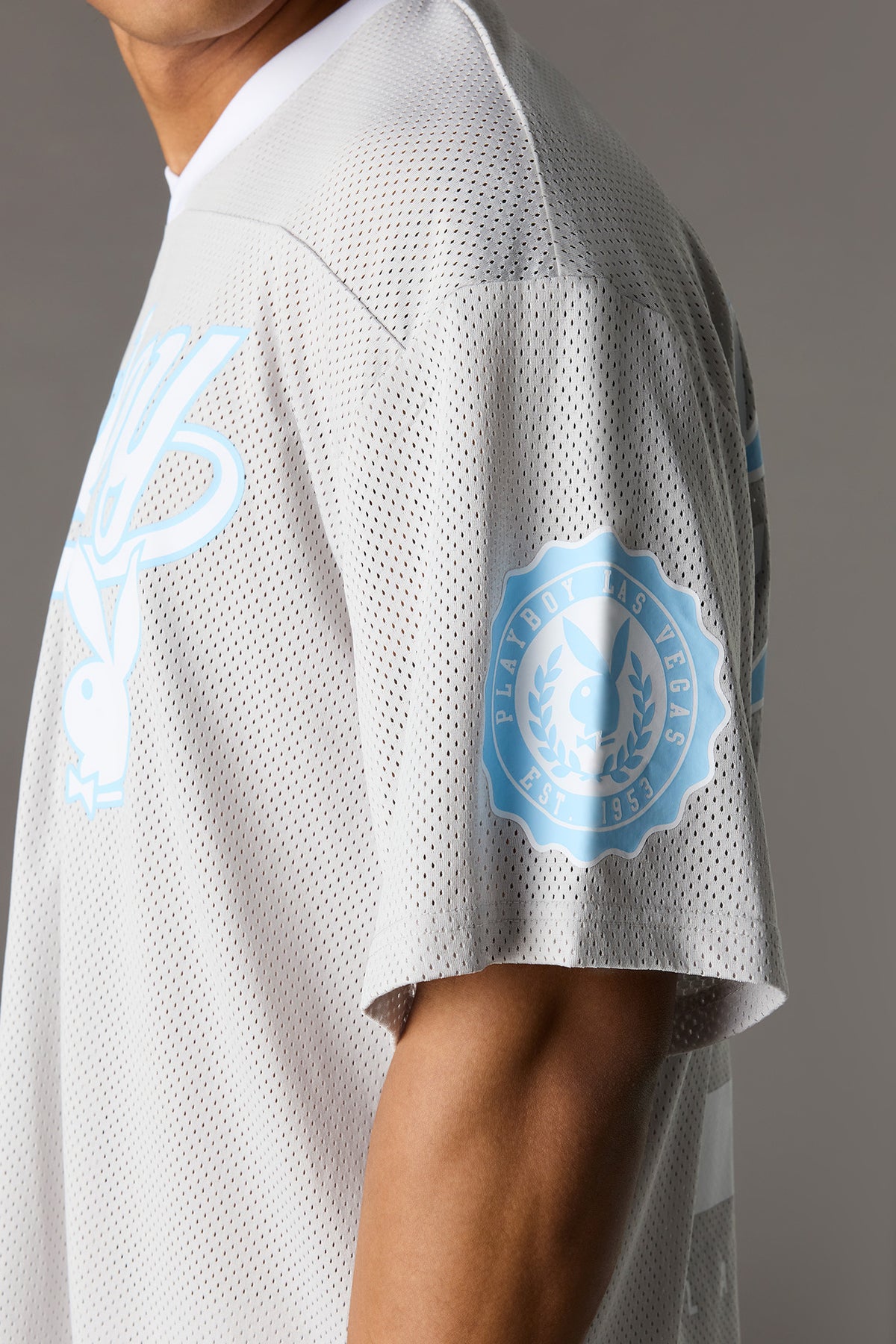 Alt View 5. Playboy Graphic Mesh Jersey - Light Grey