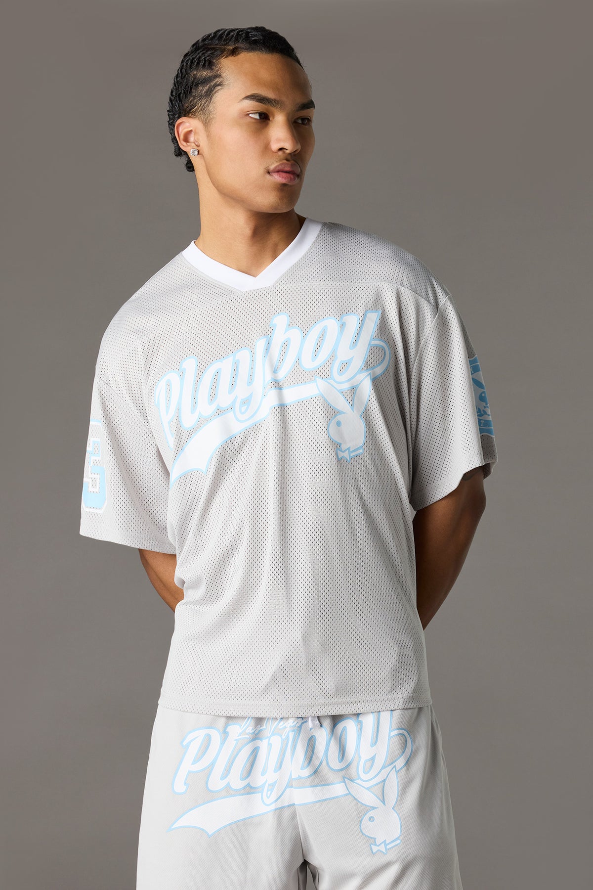 Alt View 2. Playboy Graphic Mesh Jersey - Light Grey