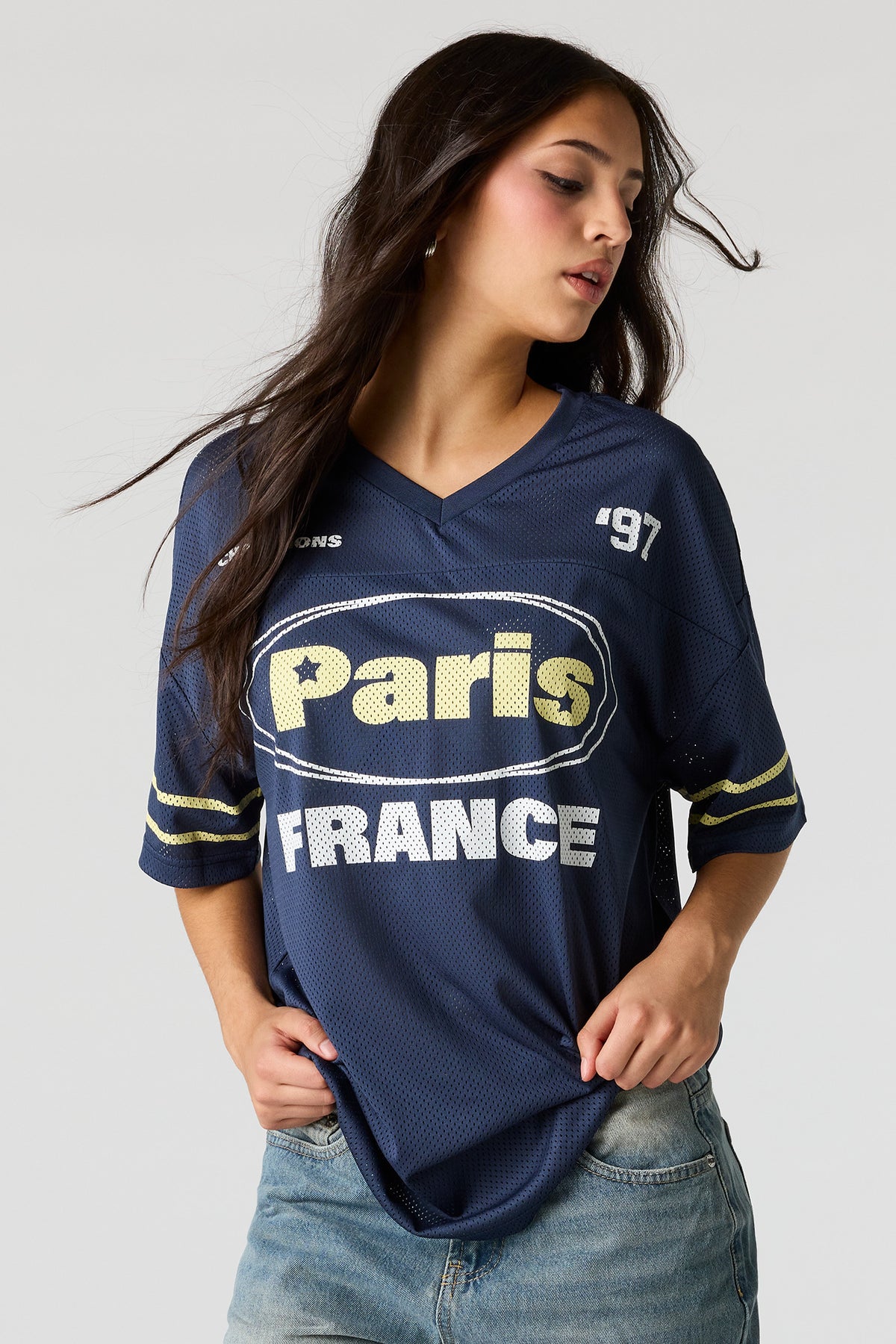 Mesh Graphic V-Neck Jersey - Navy