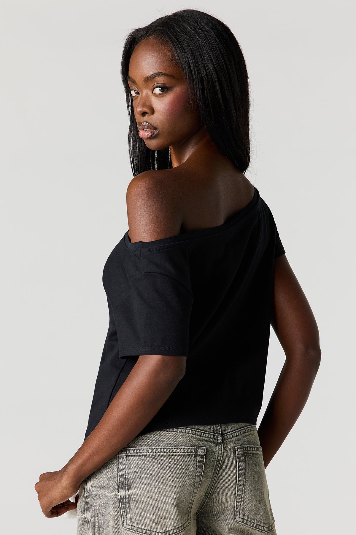 Alt View 2. Off Shoulder Rhinestone Patch Top - Black