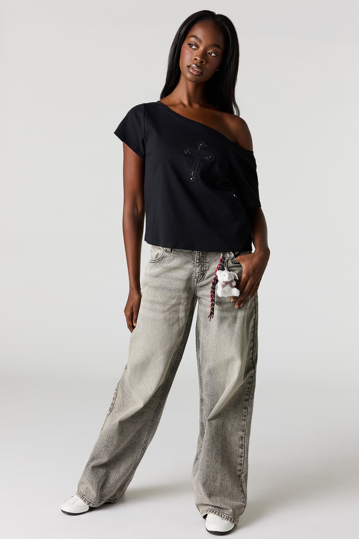 Alt View 3. Off Shoulder Rhinestone Patch Top - Black