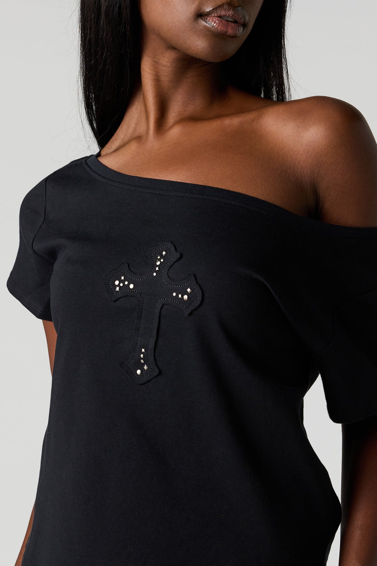 Alt View 4. Off Shoulder Rhinestone Patch Top - Black