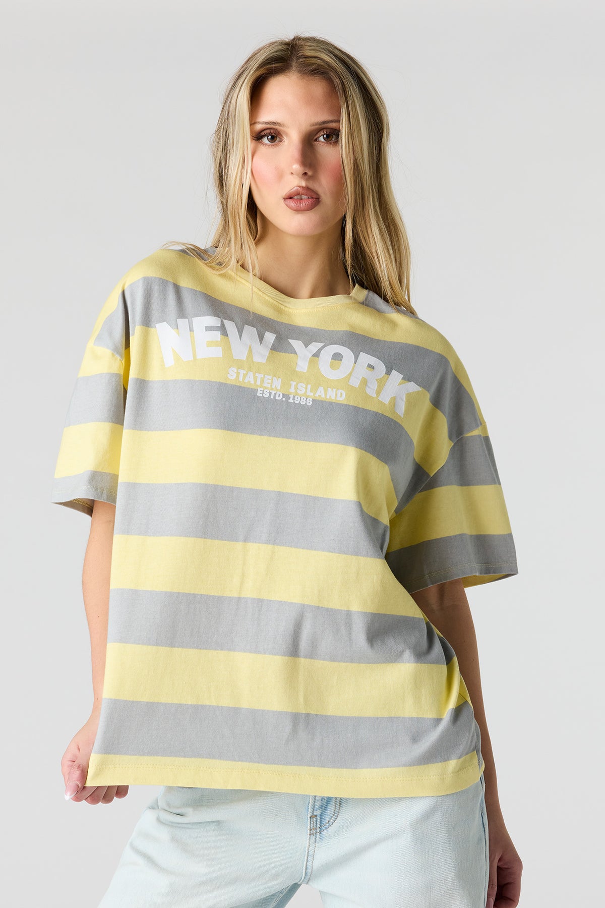 Graphic Striped Boyfriend T-Shirt - Yellow