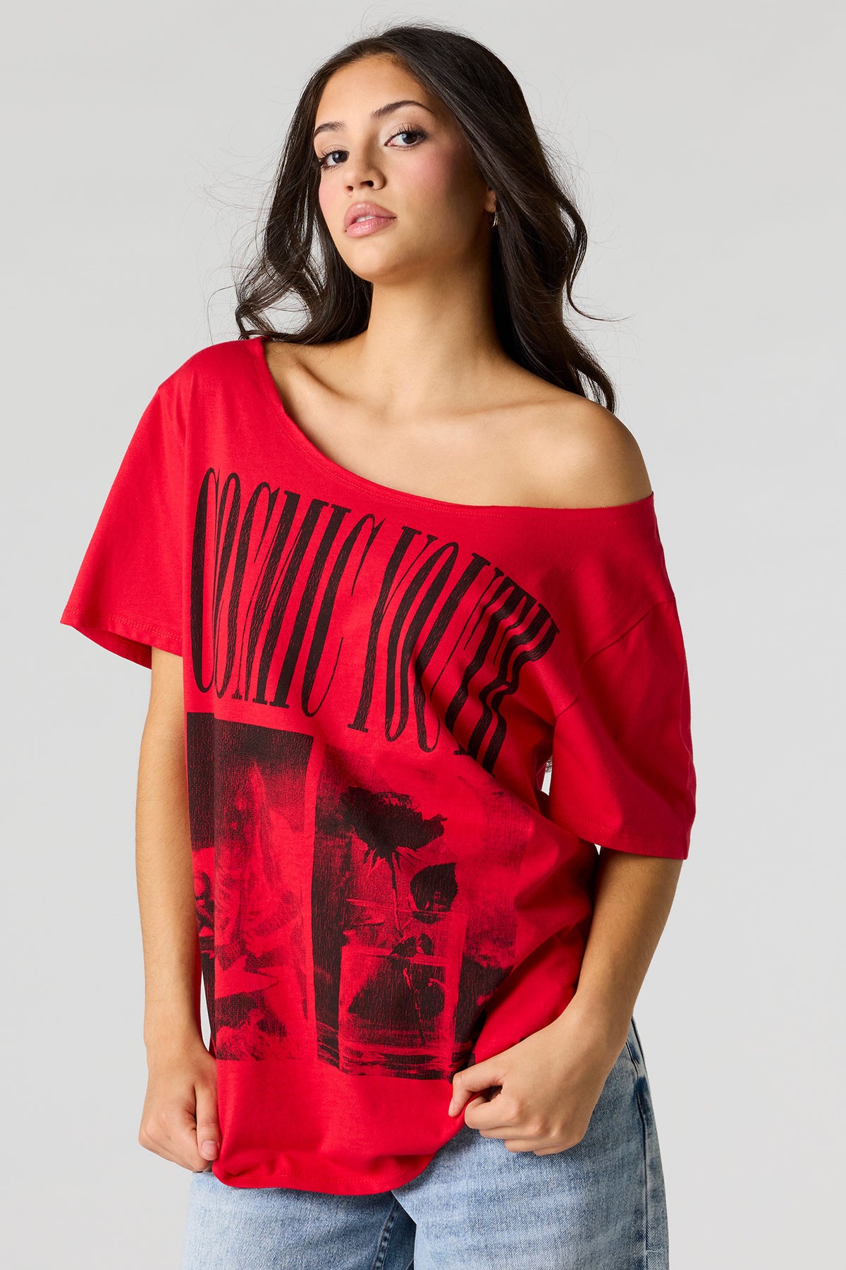 T-shirt à épaules dénudées avec imprimé Tour