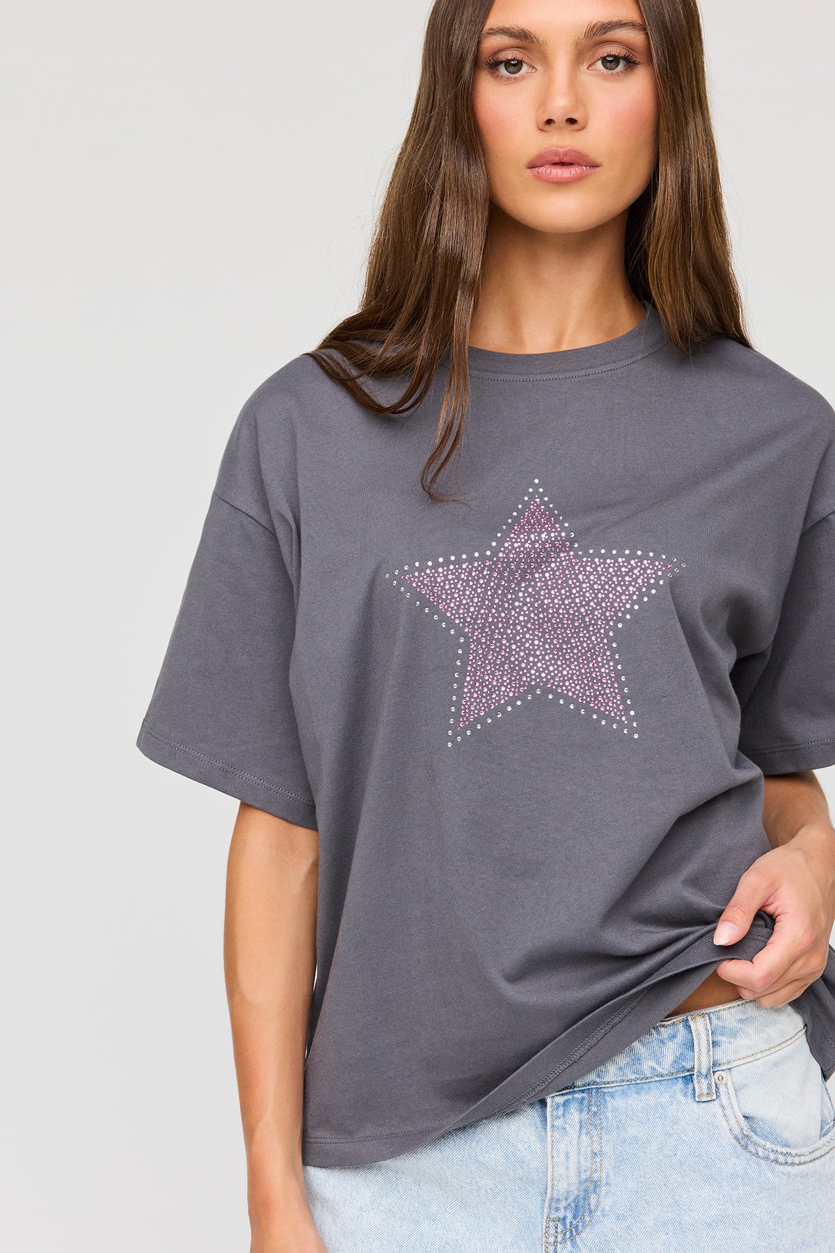 Rhinestone Boyfriend T-Shirt - Dark Grey