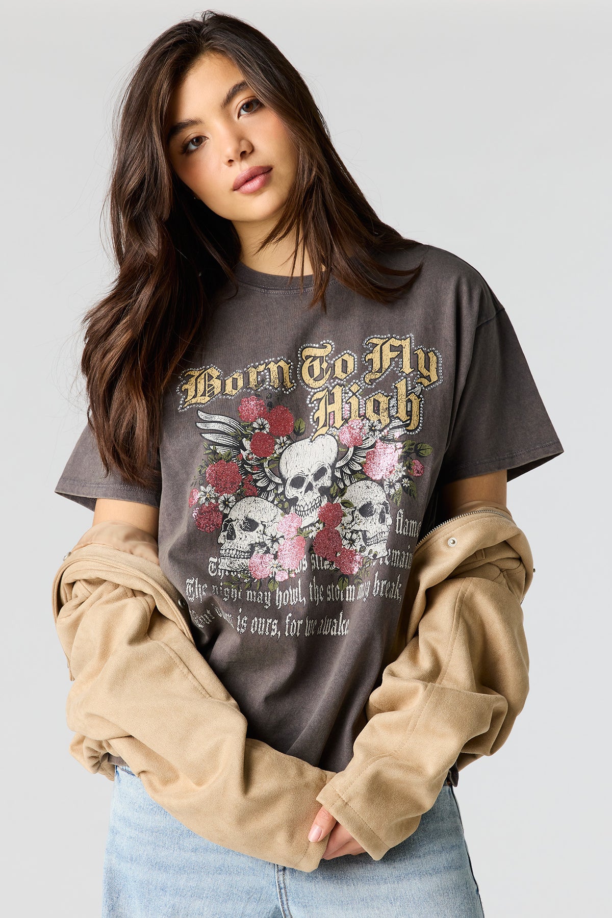 T-shirt de coupe garçonne délavé à imprimé avec pierres du Rhin
