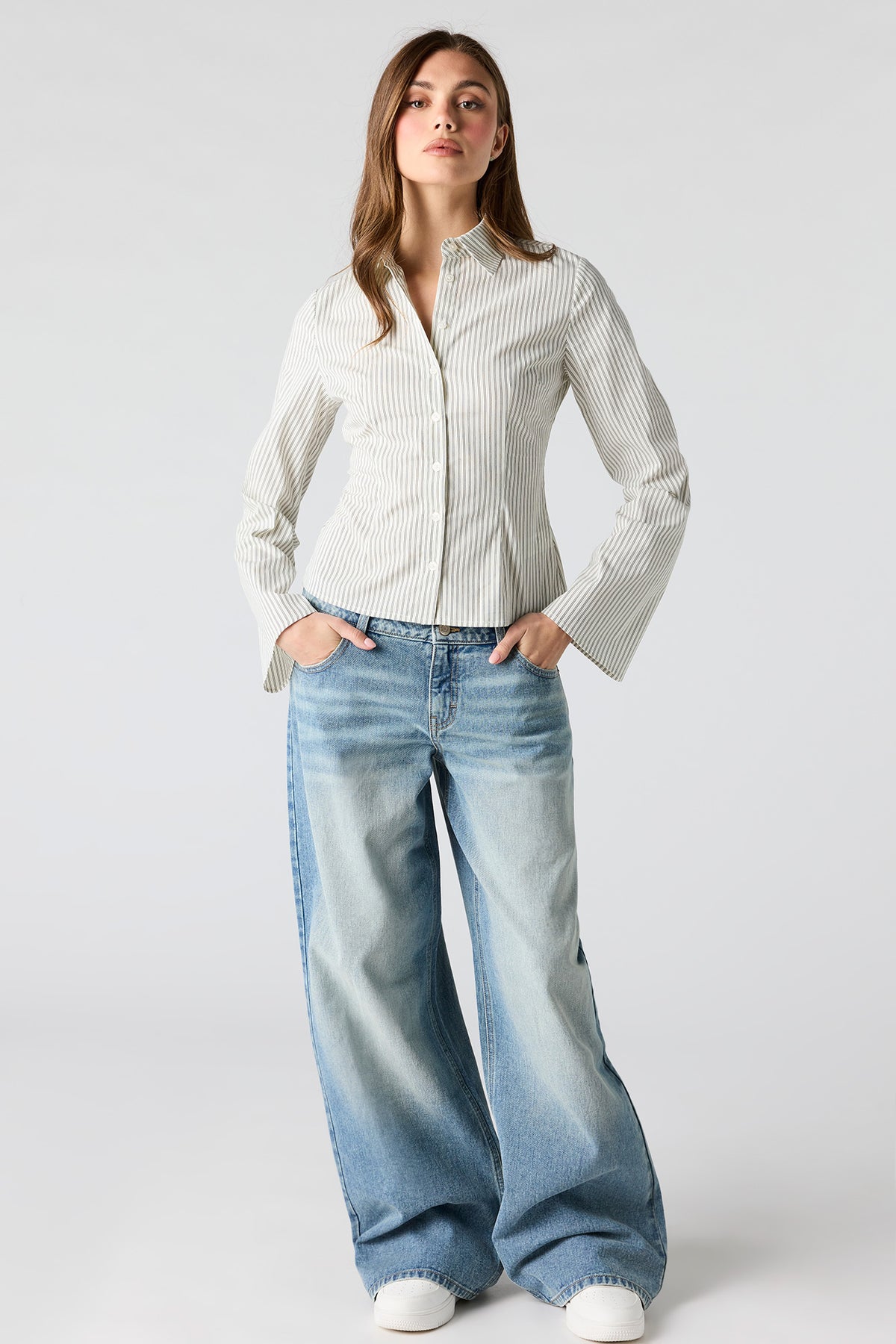 Alt View 3. Long Bell Sleeve Button-Up Top - Silver