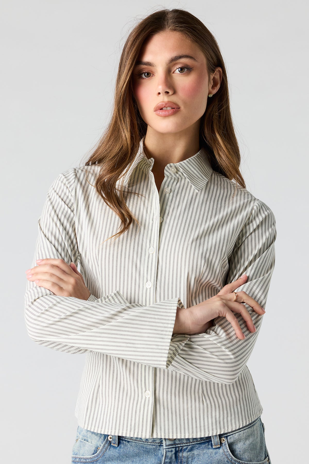 Alt View 4. Long Bell Sleeve Button-Up Top - Silver
