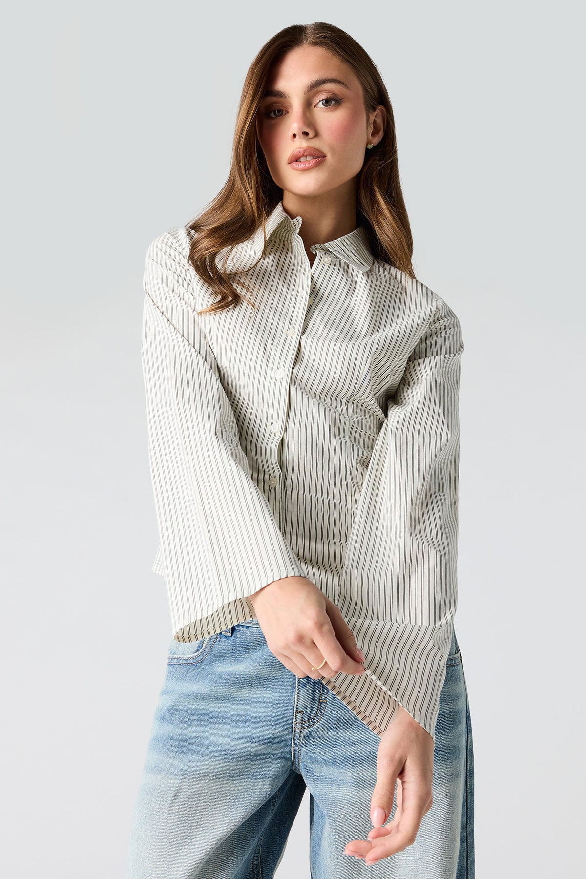 Long Bell Sleeve Button-Up Top - Silver