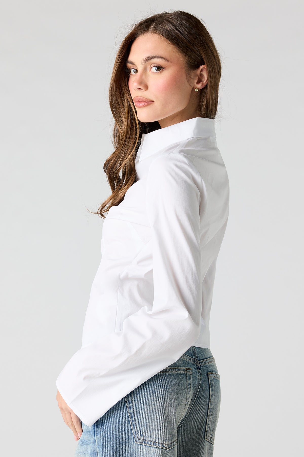 Alt View 2. Long Bell Sleeve Button-Up Top - White