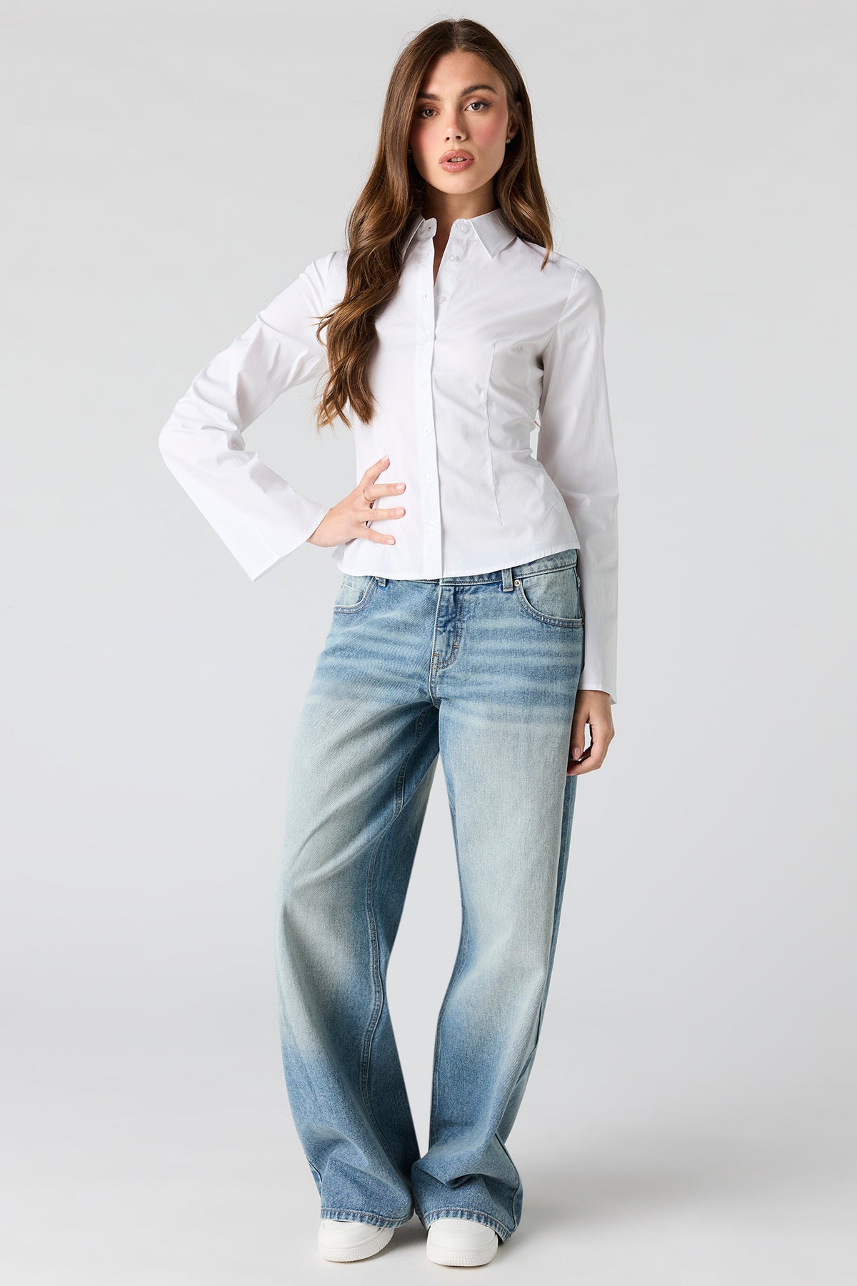 Alt View 3. Long Bell Sleeve Button-Up Top - White