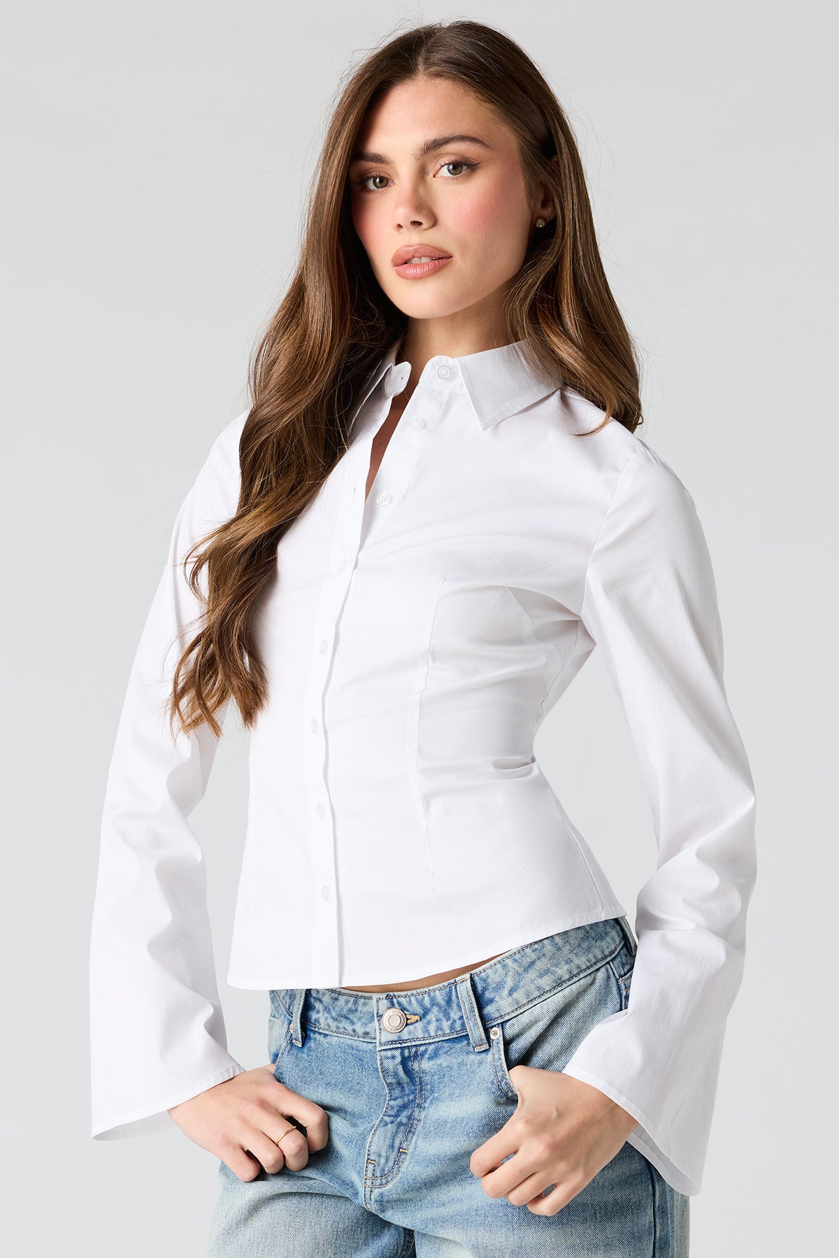 Long Bell Sleeve Button-Up Top - White