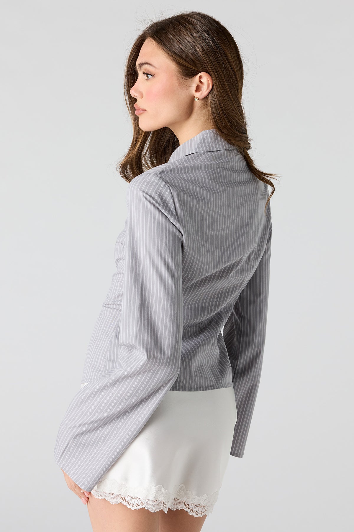 Alt View 2. Long Bell Sleeve Button-Up Top - Grey Blue