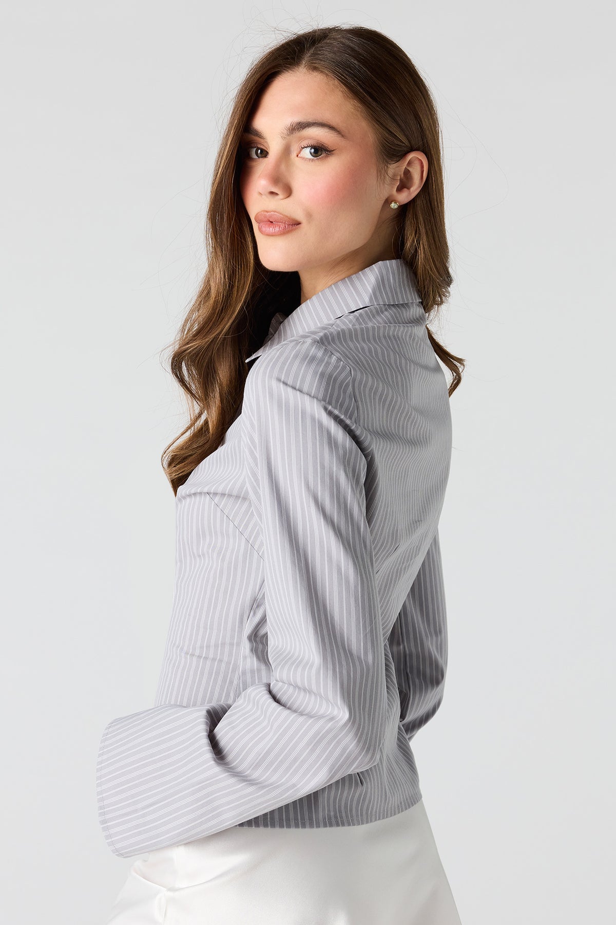 Alt View 5. Long Bell Sleeve Button-Up Top - Grey Blue