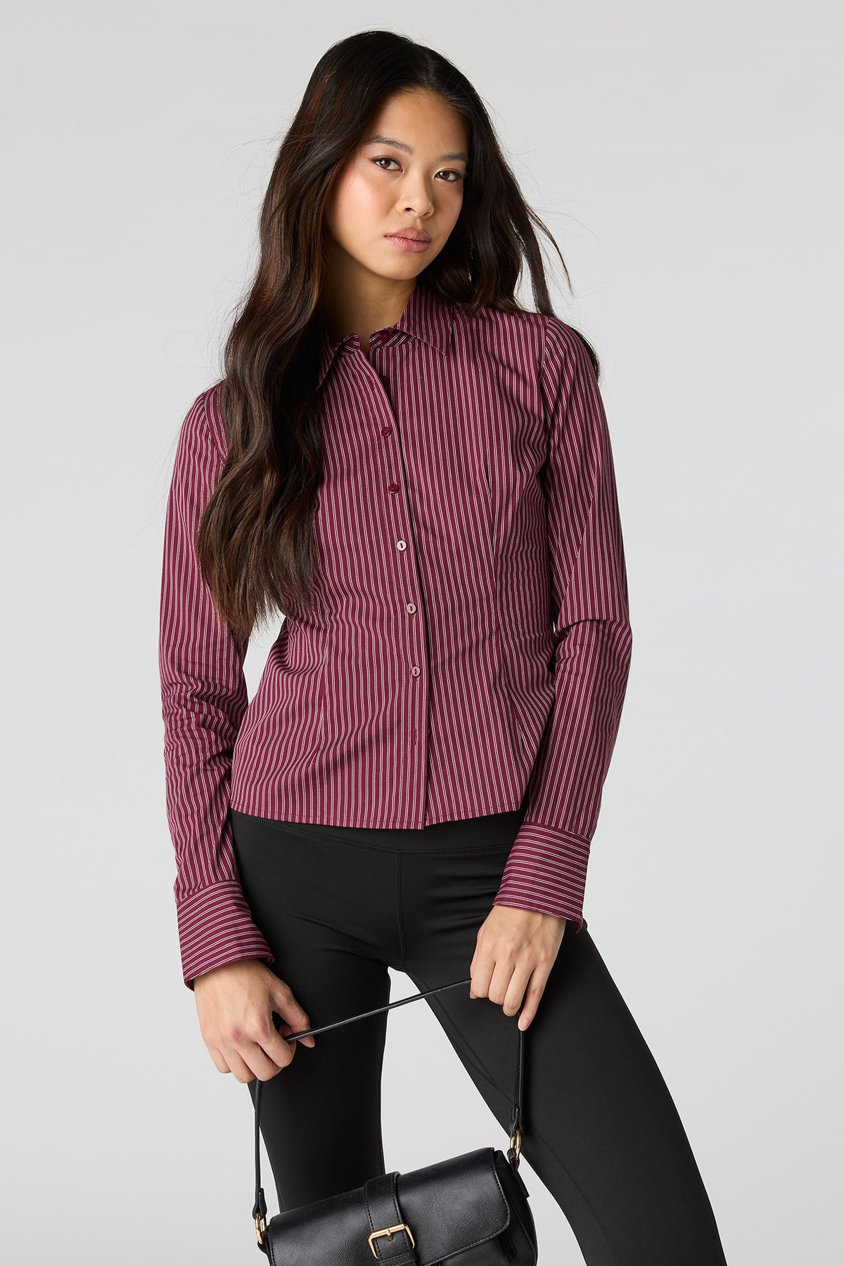 Collared Long Sleeve Slim Button-Up Top - Burgundy