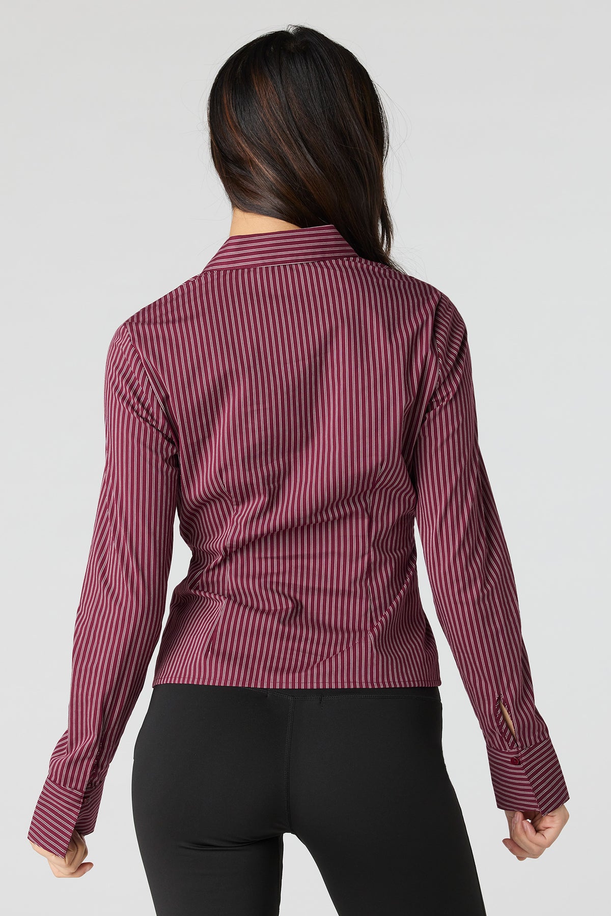 Alt View 2. Collared Long Sleeve Slim Button-Up Top - Burgundy