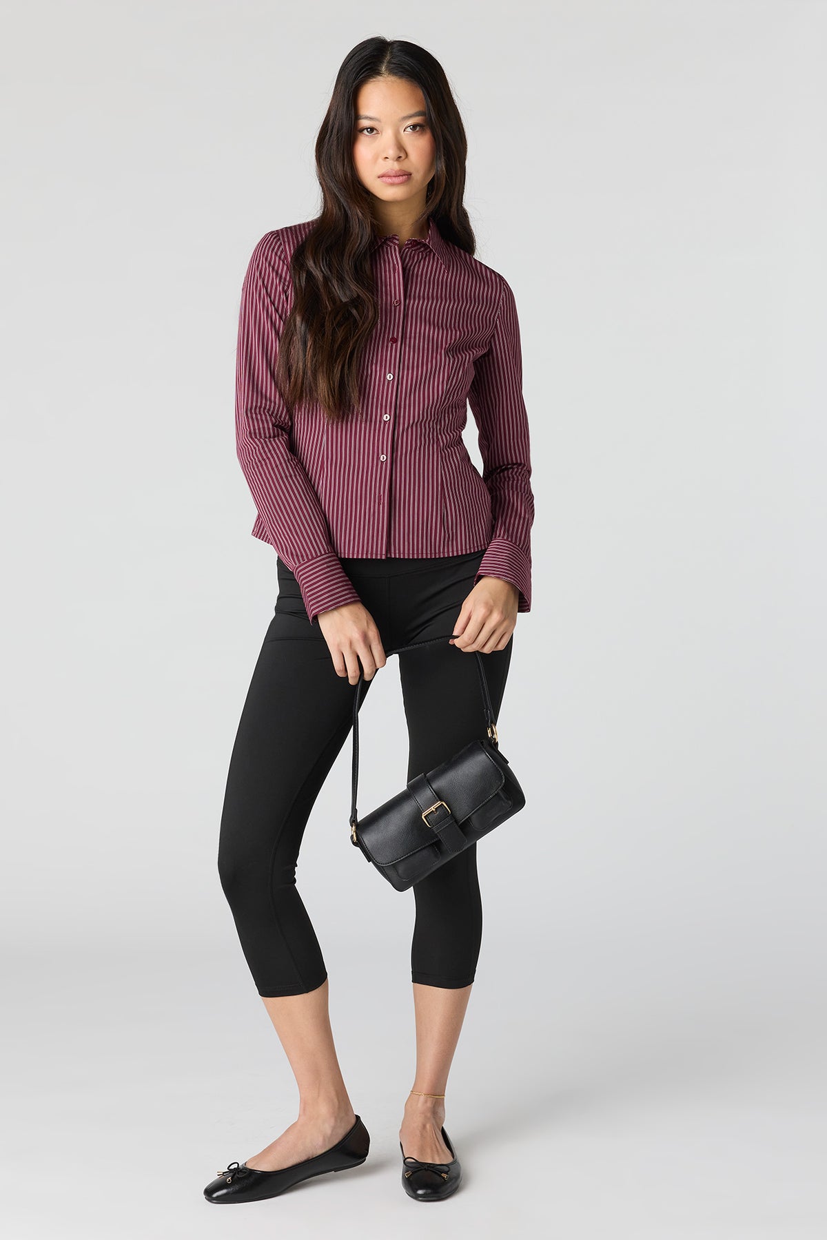 Alt View 3. Collared Long Sleeve Slim Button-Up Top - Burgundy