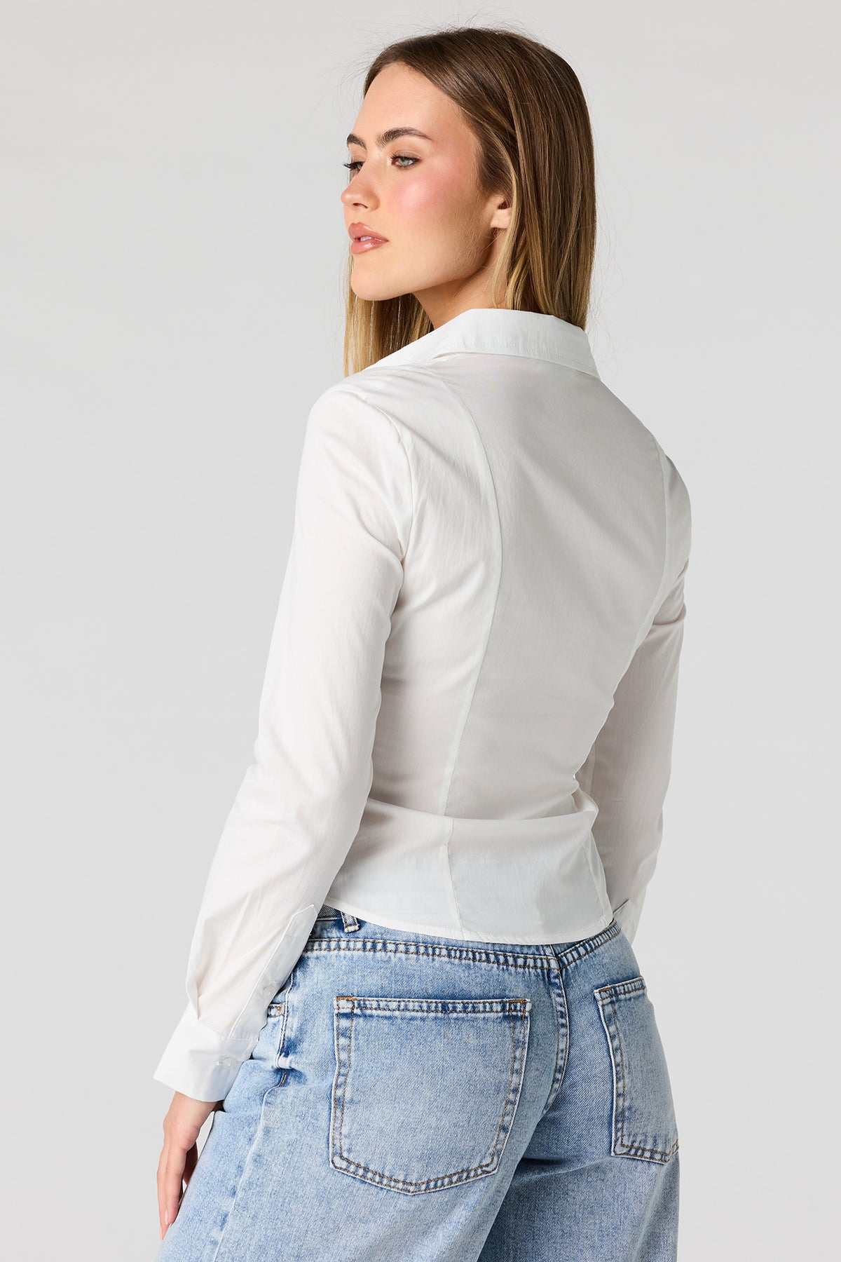 Alt View 2. Long Sleeve Cinched Button-Up Top - White