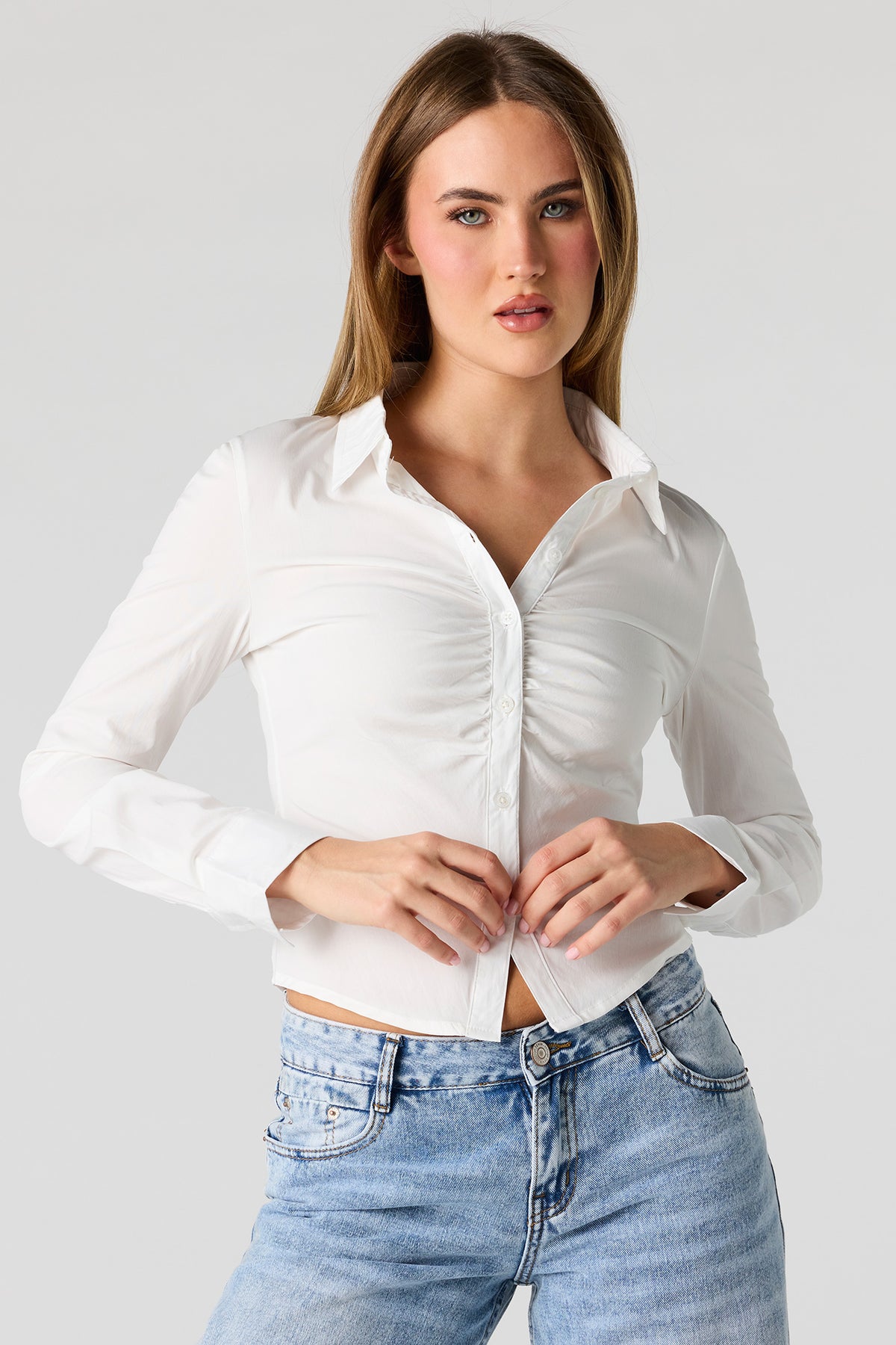 Long Sleeve Cinched Button-Up Top - White