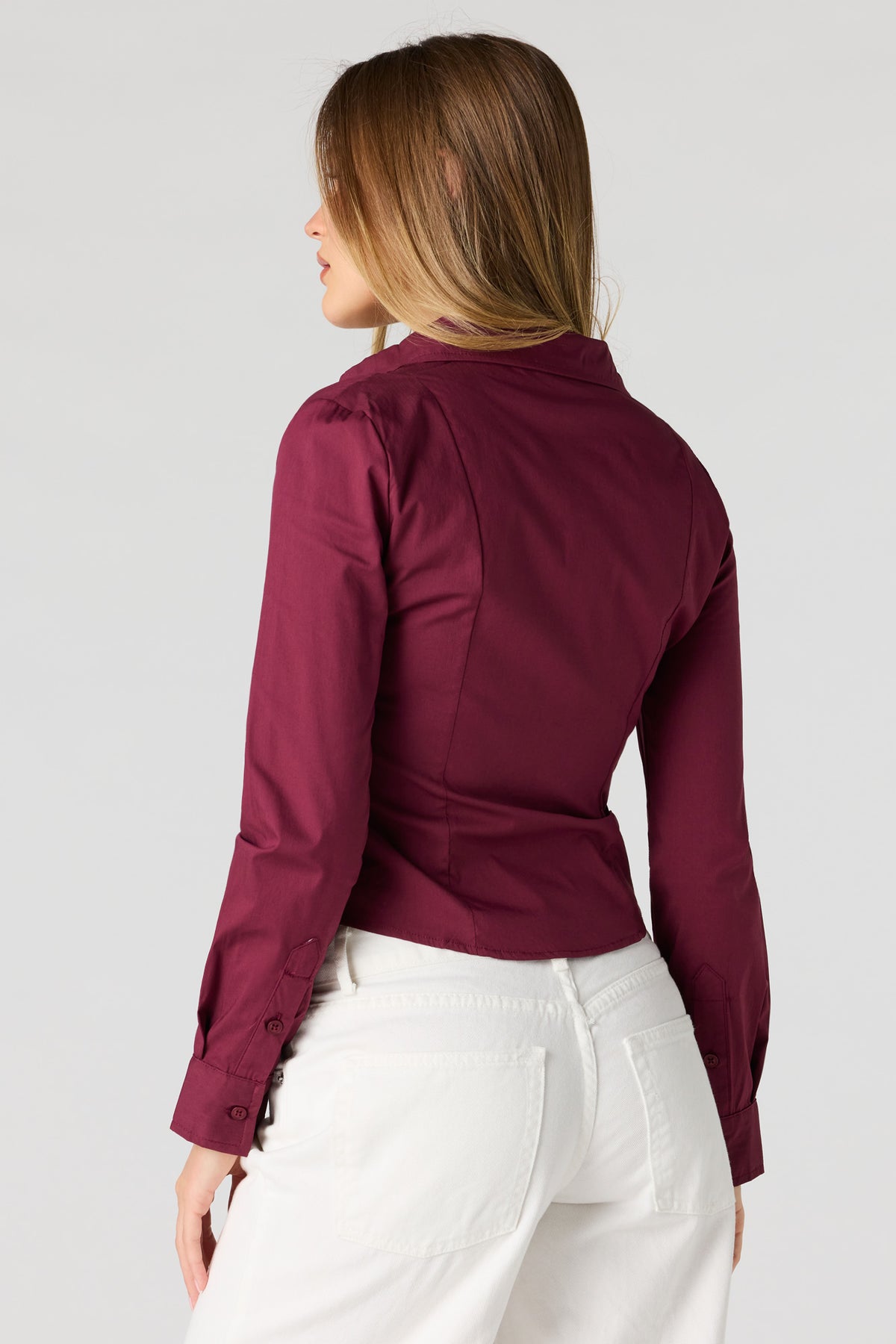 Alt View 2. Long Sleeve Cinched Button-Up Top - Burgundy