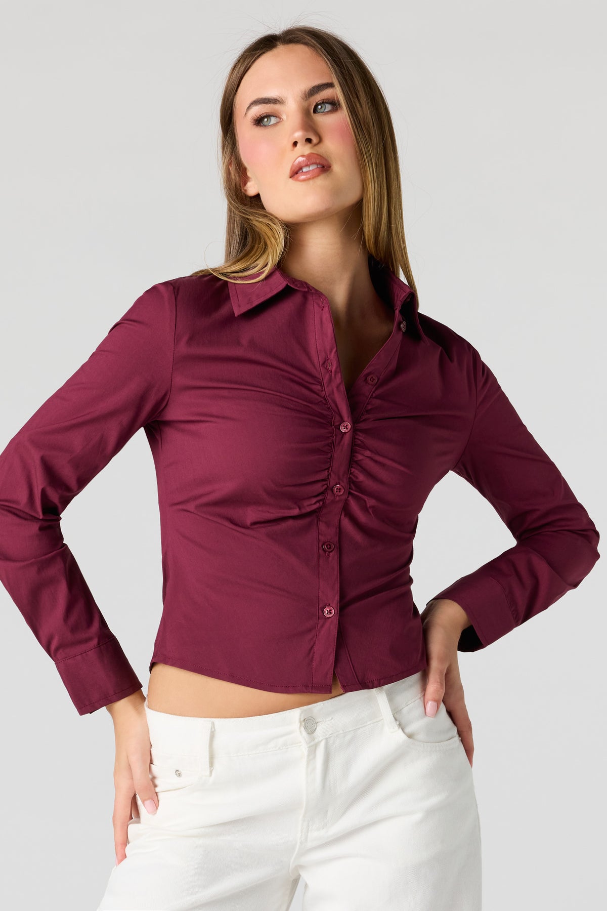 Long Sleeve Cinched Button-Up Top - Burgundy