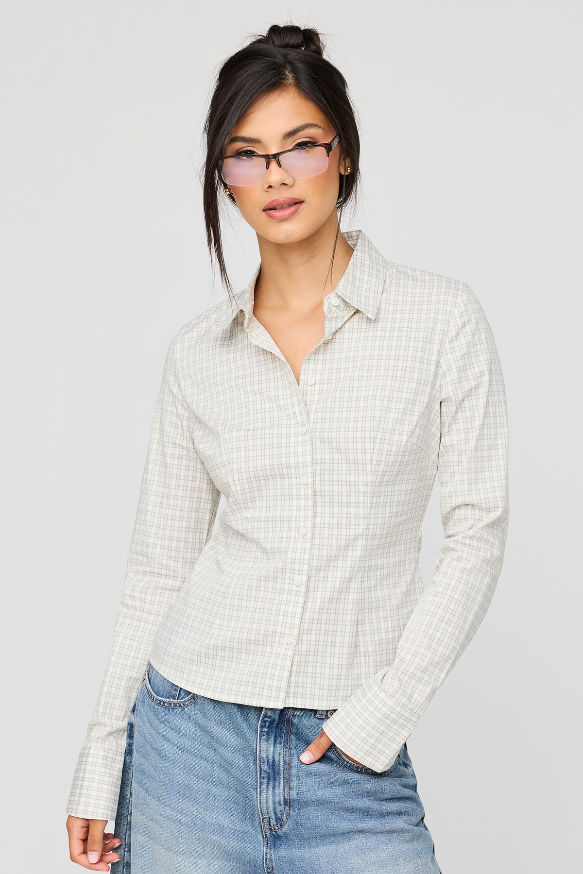 Button-Up Slim Long Sleeve Top - Off White