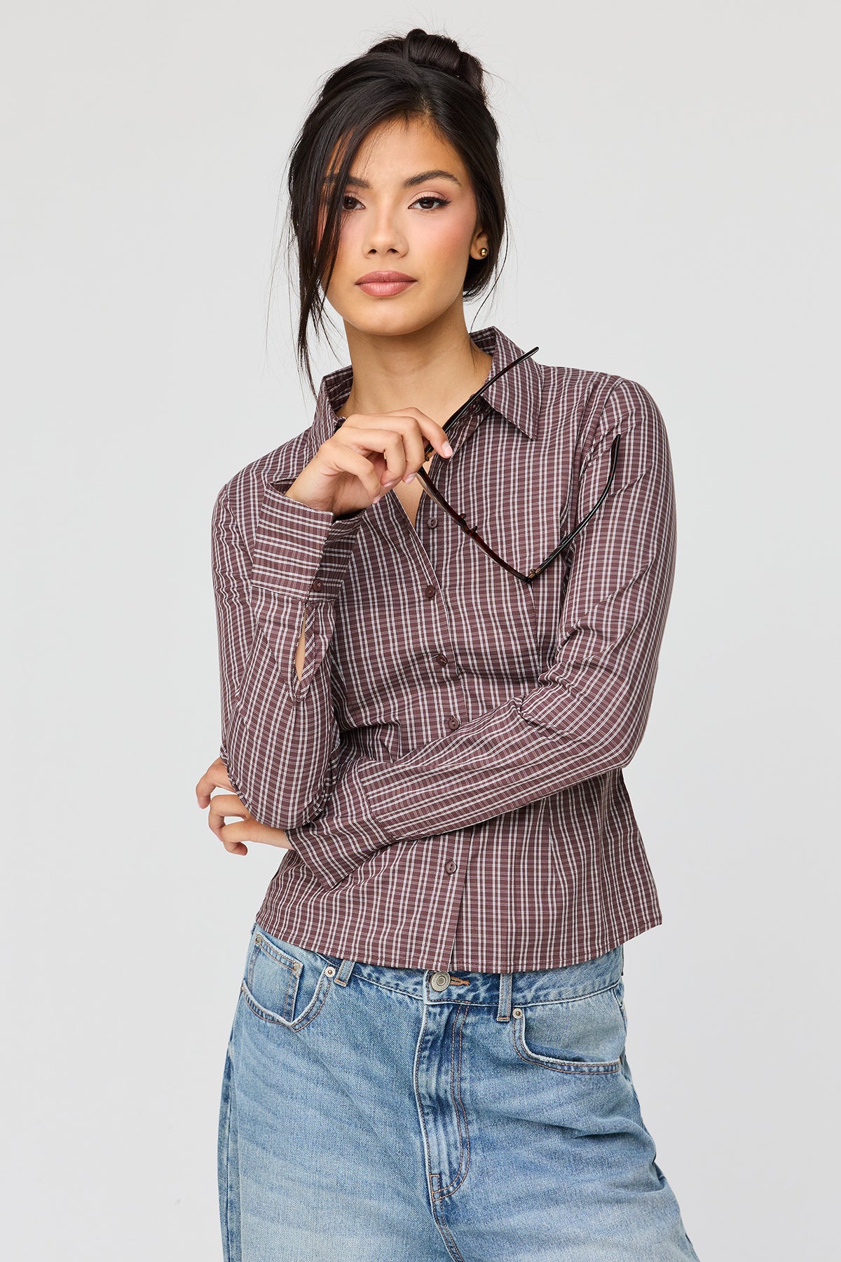 Button-Up Slim Long Sleeve Top - Brown