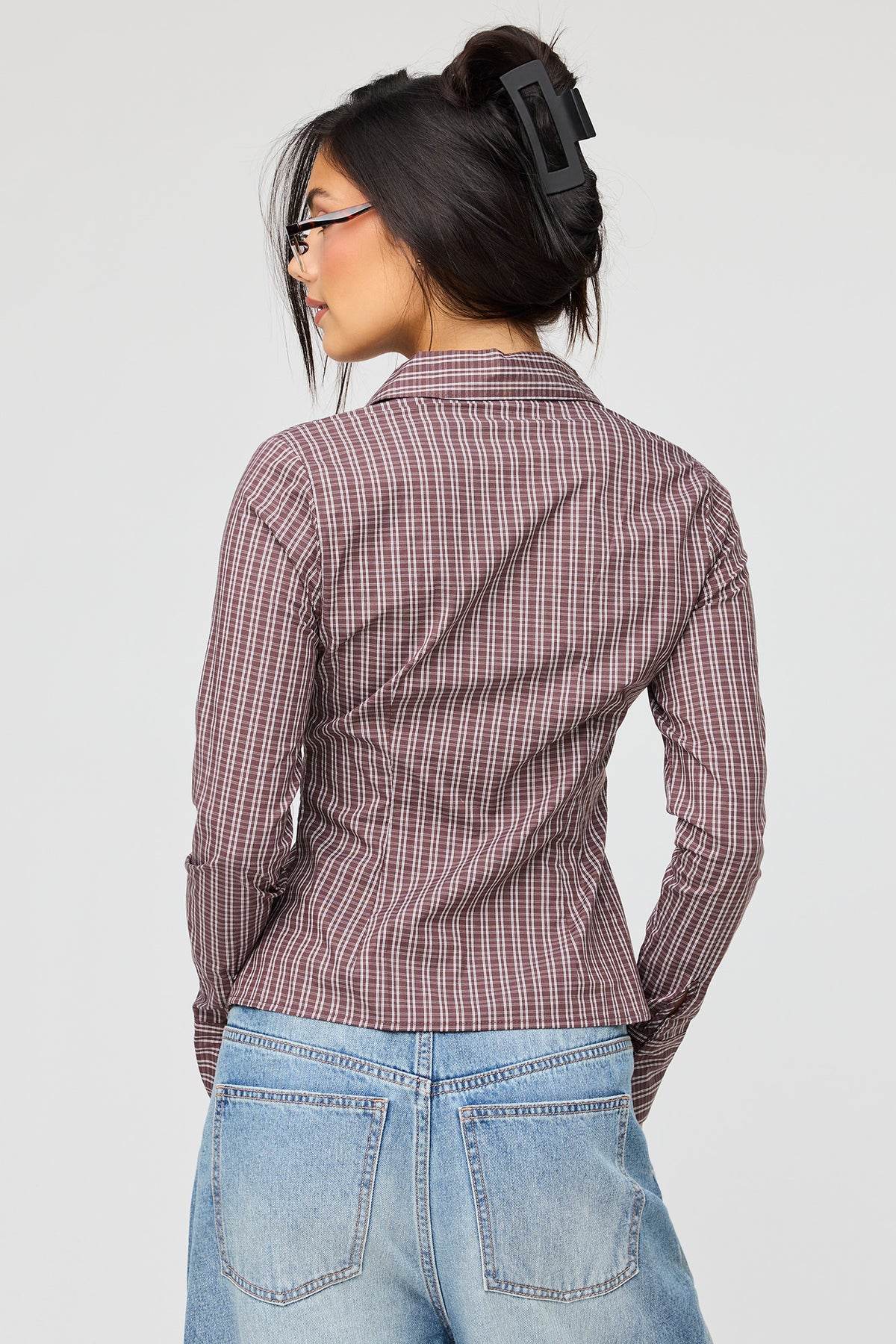 Alt View 2. Button-Up Slim Long Sleeve Top - Brown