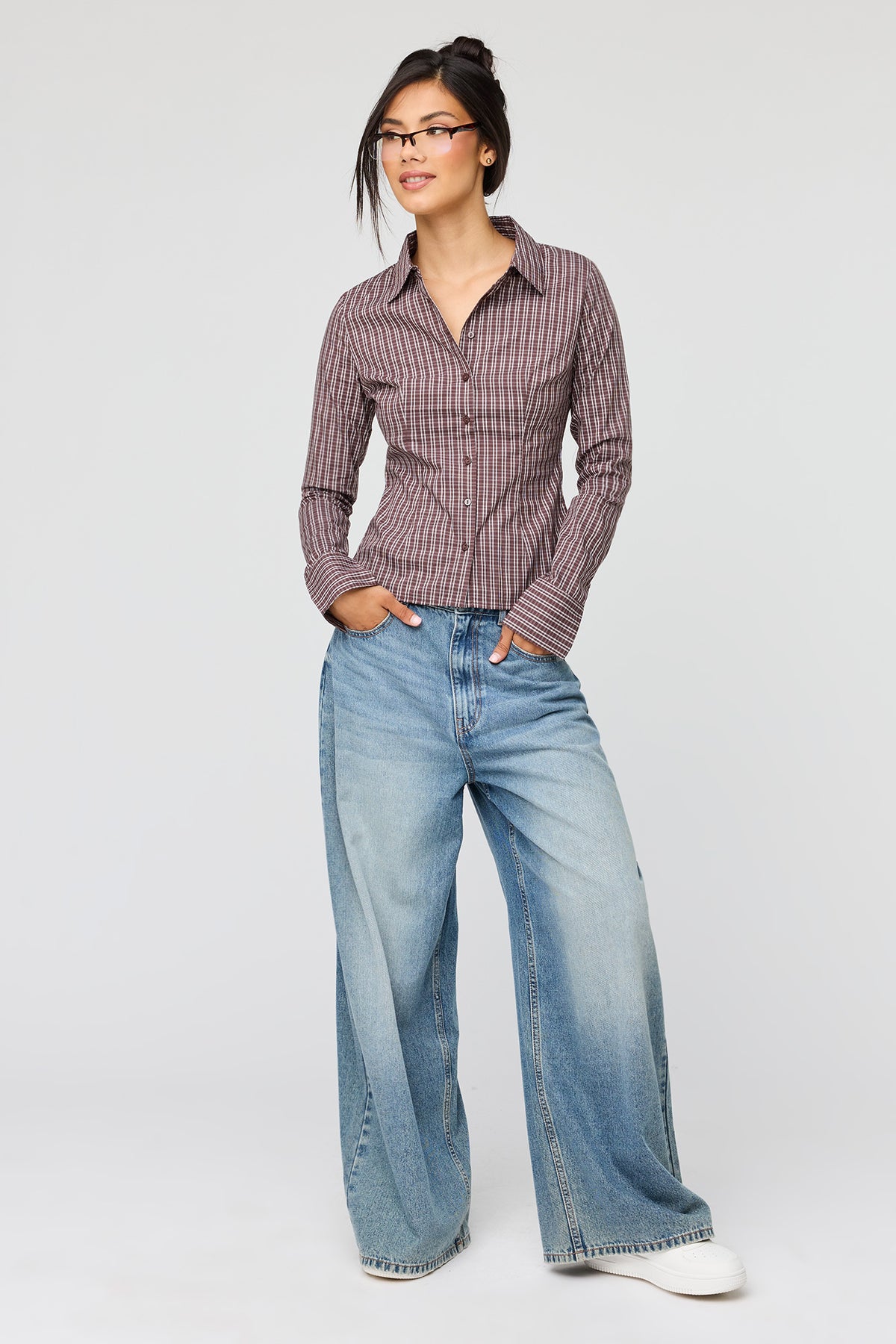Alt View 3. Button-Up Slim Long Sleeve Top - Brown