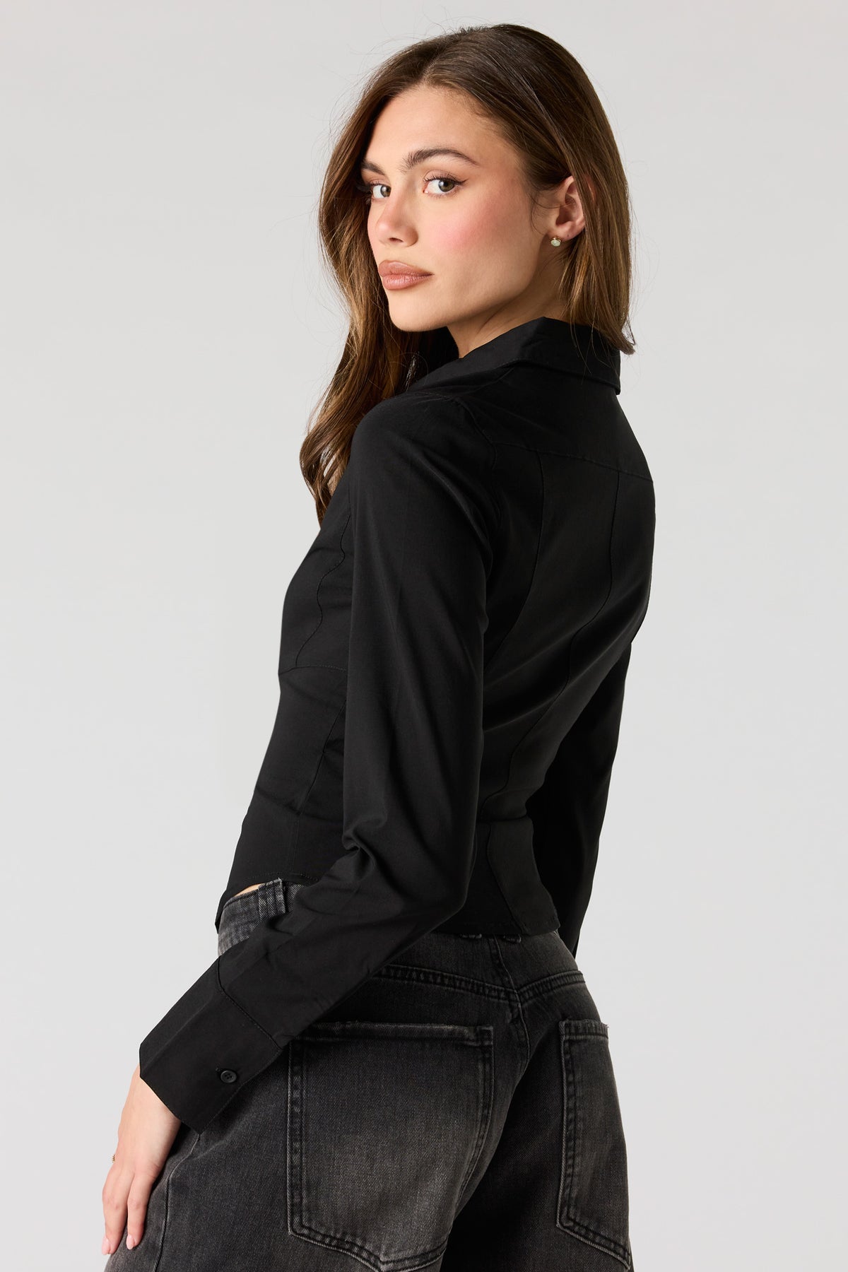 Alt View 2. 2-Way Zip-Up Long Sleeve Collared Top - Black